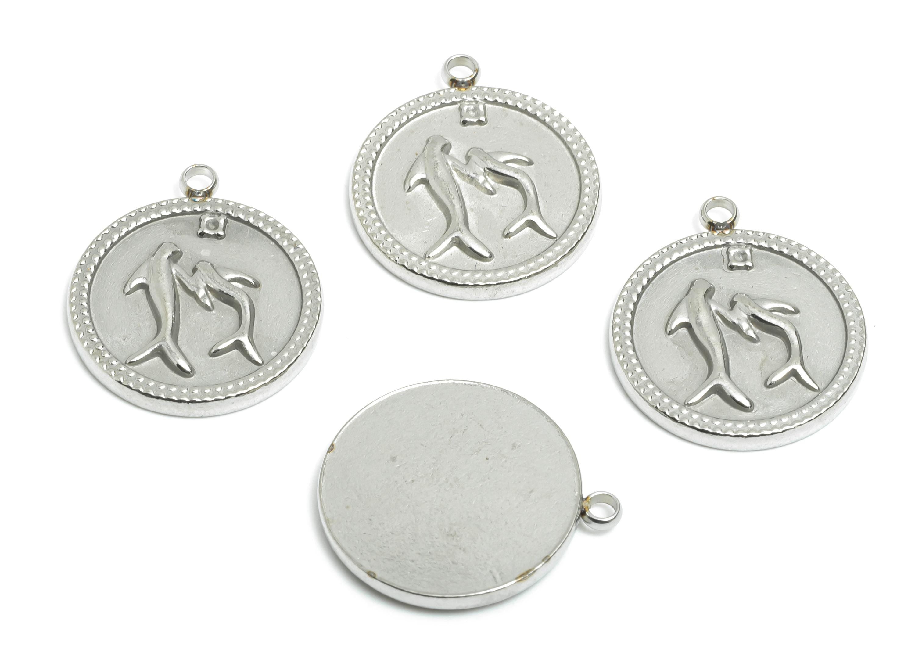 Stainless Steel Dolphin Pendant - Round Steel Marine Life Coin Charm - Elegant Dolphin Charm - Stainless Steel Jewelry - 20x18x2mm - SS2556 - DOMEDBAZAAR