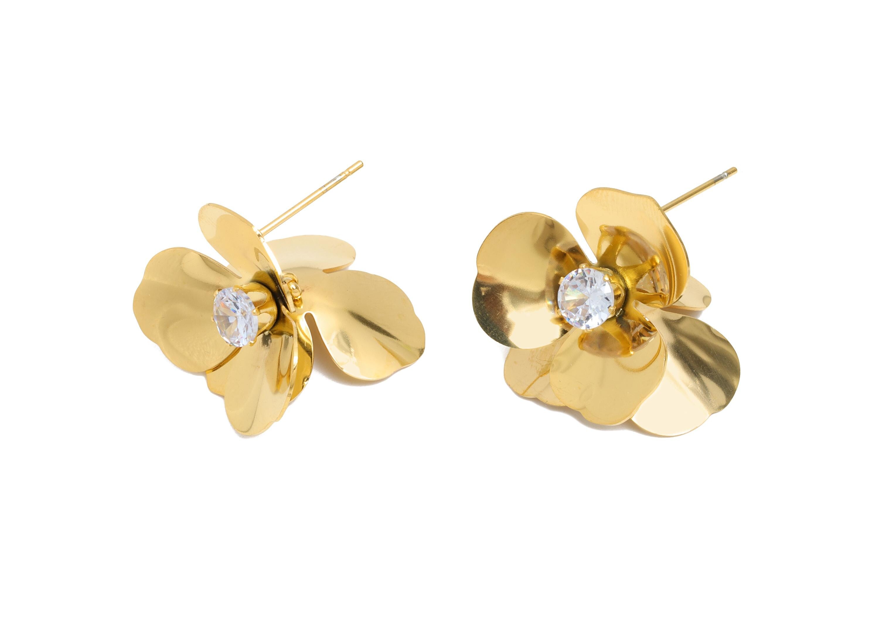 Steel 3D Dangle Petal Stud - Unique Cubic Zircon Flower Post - Statement Golden Botanical Stud - Gold Vacuum Plated - 22.37x23x8mm - SS2418 - DOMEDBAZAAR