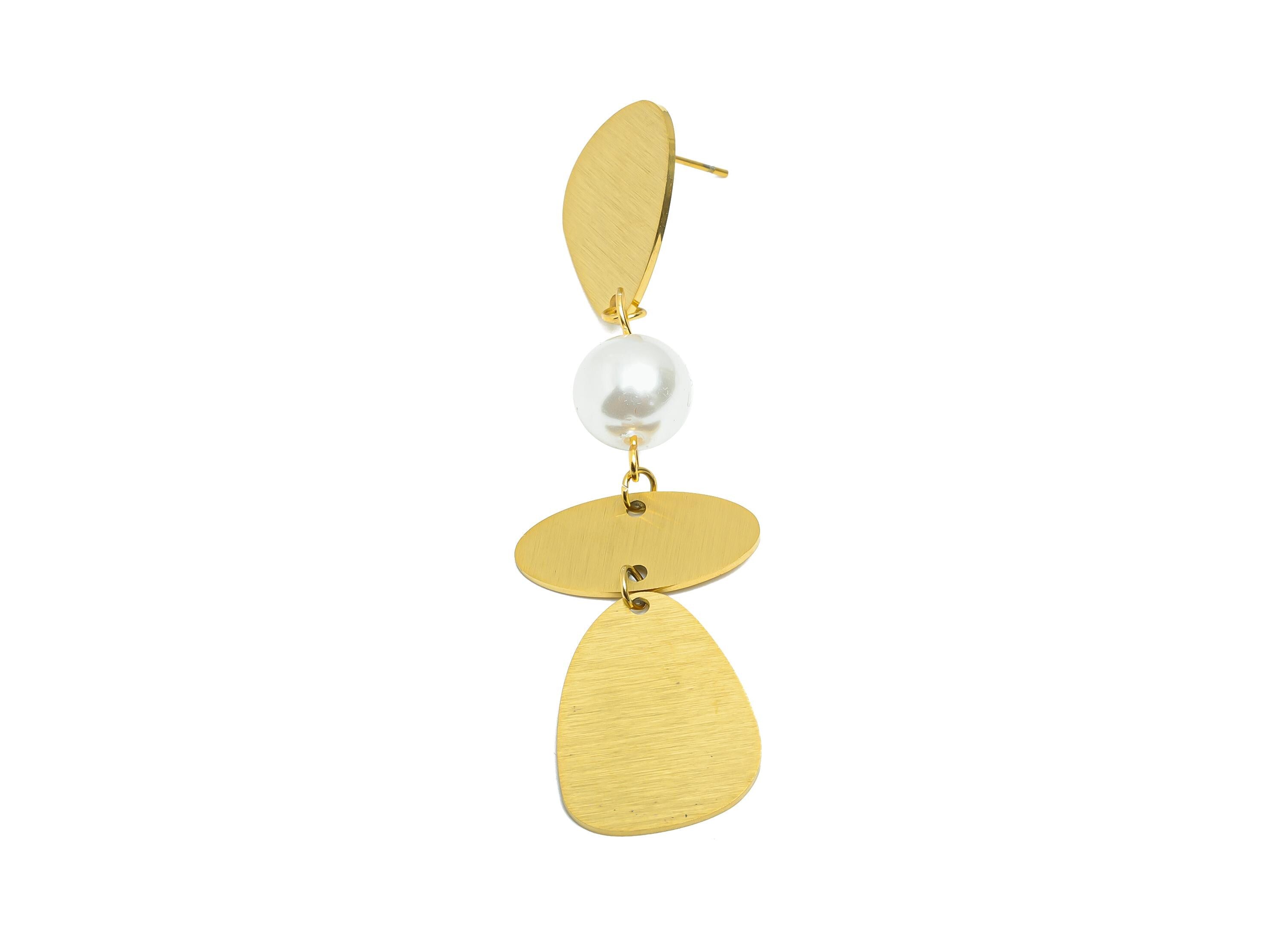 Steel Dangle Tassel Stud - Unique Gold Geometric Hanging Post - Chic Fake Pearl Dangle Earrings - Gold Vacuum Plated - 68.8x21x10mm - SS2414 - DOMEDBAZAAR