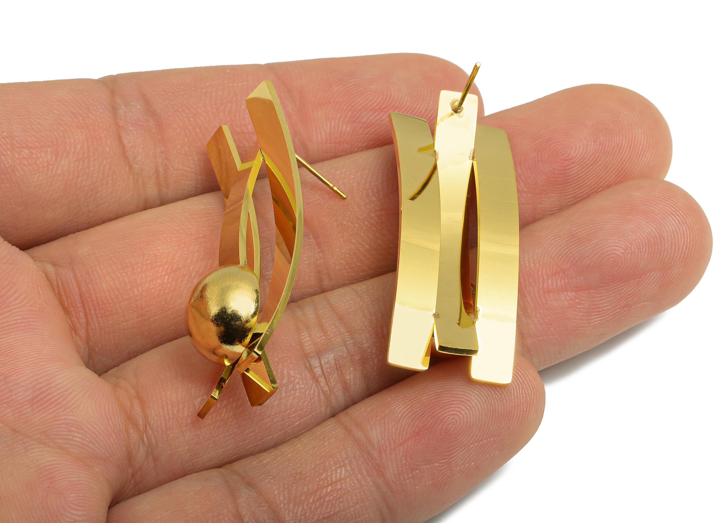 Steel Geometric Earring Stud - Modern Bar and Half Ball Earrings - Bold Statement Metal Post - Vacuum Gold Plating - 40.7x15x10.8mm - SS2419 - DOMEDBAZAAR