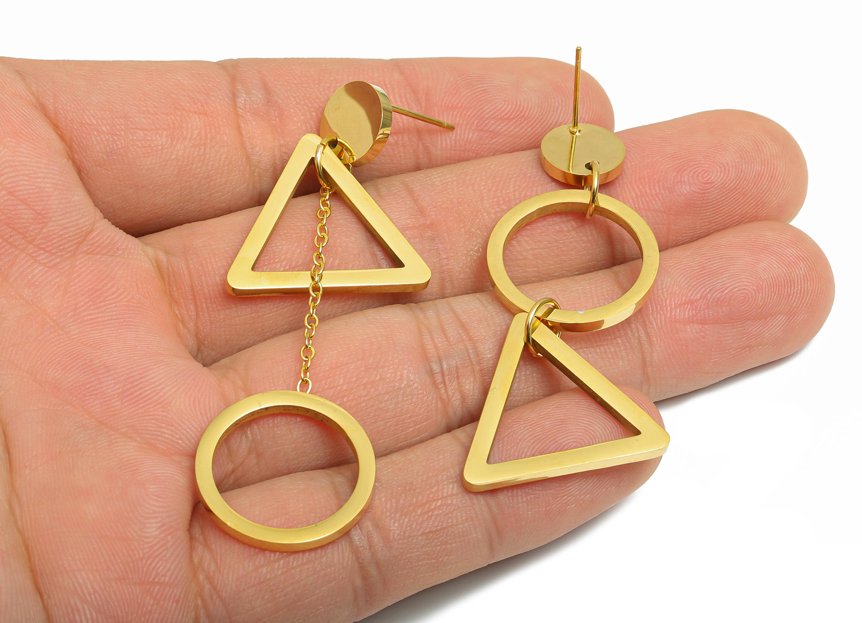 Steel Dangle Earring Stud - Modern Triangle and Circle Earring Post - Trendy Geometric Post - Vacuum Gold Plated - 64.6x23.9x1.86mm - SS2410 - DOMEDBAZAAR