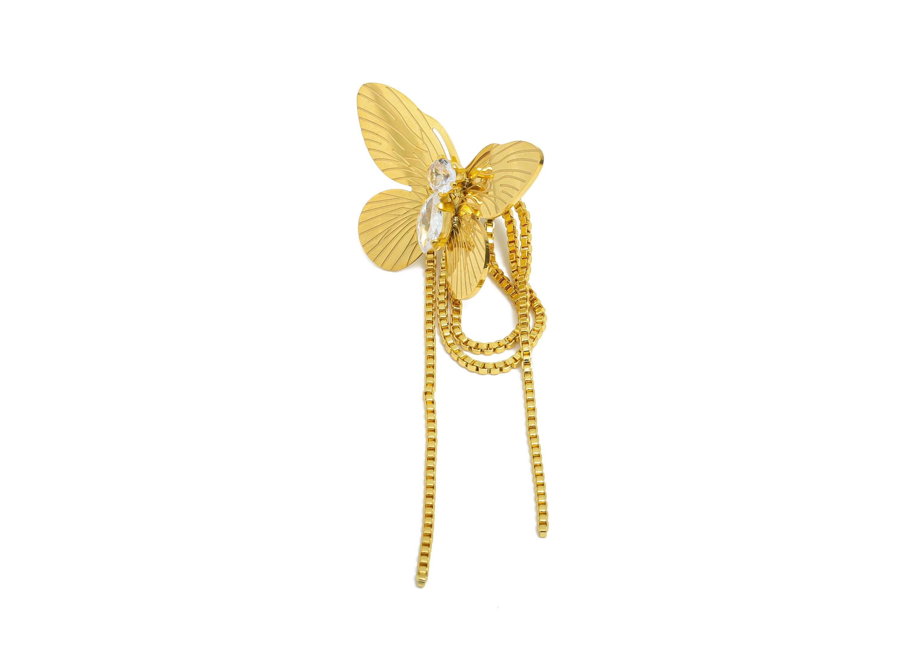 Steel Butterfly Dangle Earring Stud - Delicate Gold CZ Hanging Post - Chic Box Chain Tassel Stud - Gold Vacuum Plated - 63x28.6x8mm - SS2413