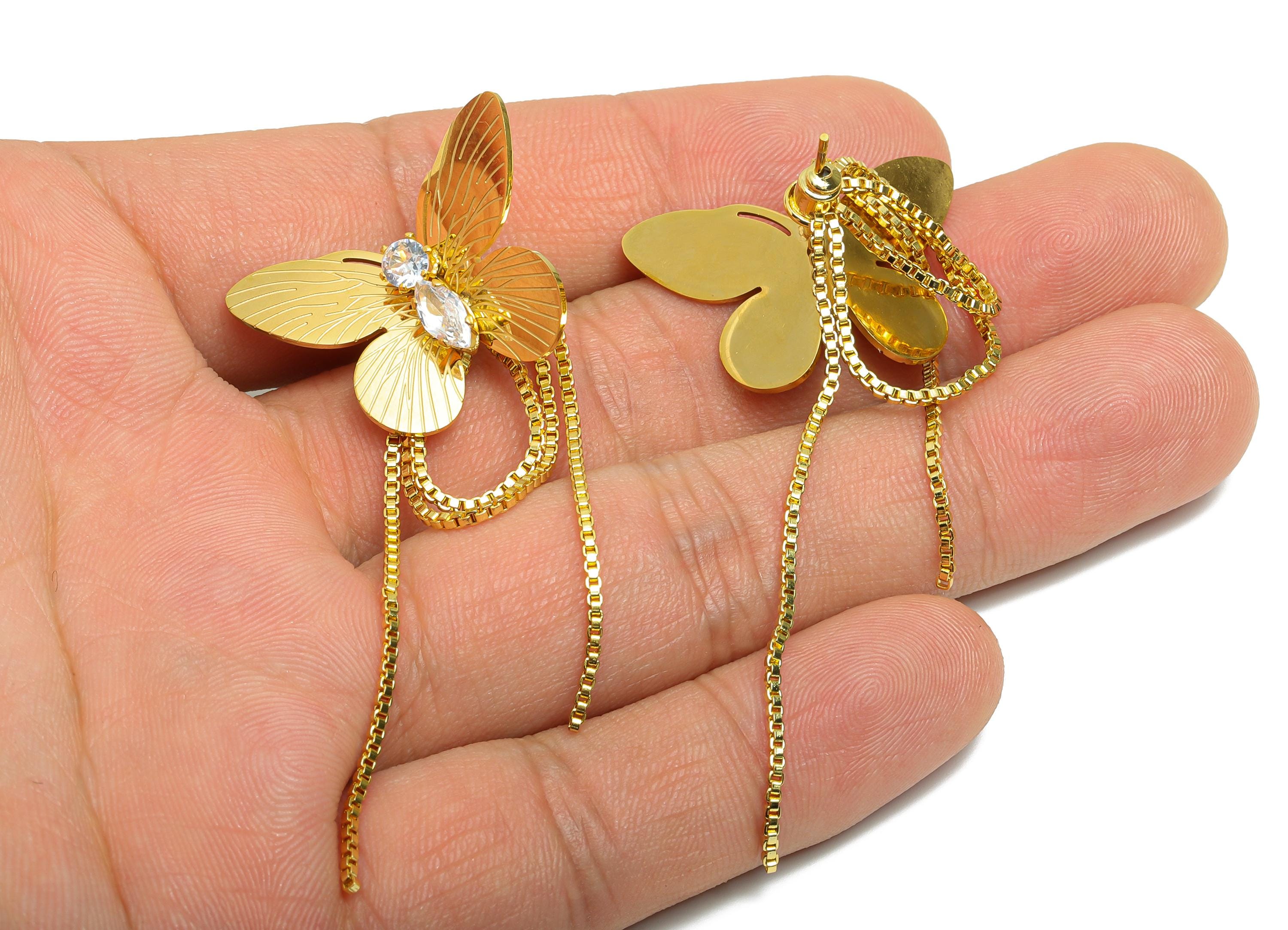 Steel Butterfly Dangle Earring Stud - Delicate Gold CZ Hanging Post - Chic Box Chain Tassel Stud - Gold Vacuum Plated - 63x28.6x8mm - SS2413 - DOMEDBAZAAR