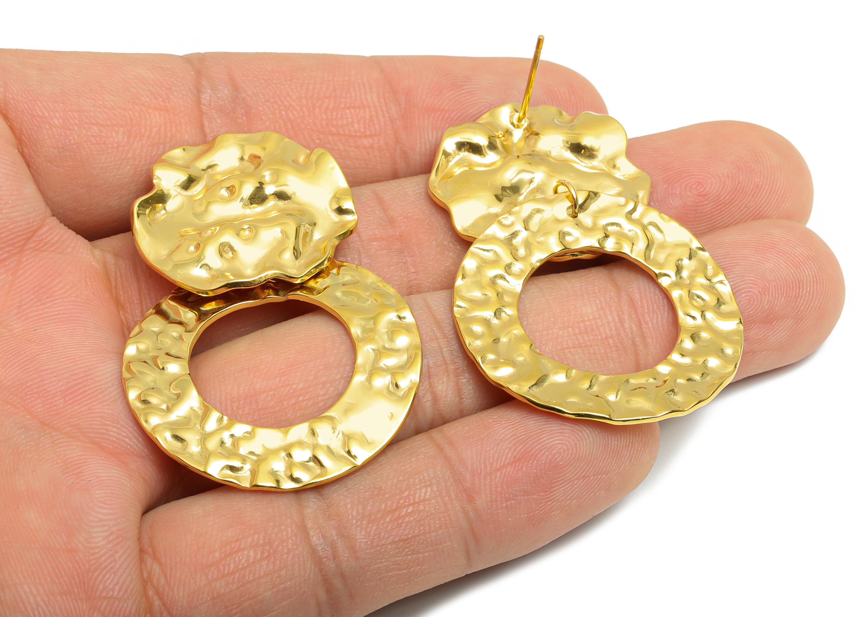 Steel Round Earring Stud - Modern Hammered Geometric Earrings - Textured Gold Statement Earring - Vacuum Gold Plating - 47.5x31x1mm - SS2411 - DOMEDBAZAAR