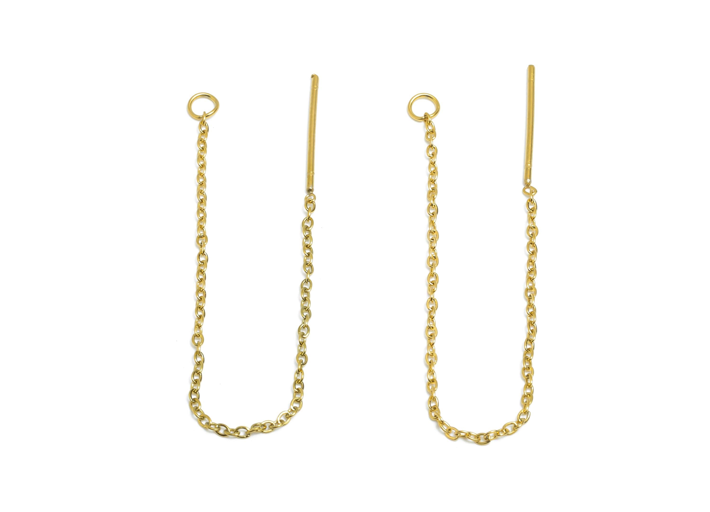 7cm Steel Dangle Chain Earring Post - Flat Cable Chain Earring Stud - Threader Earrings With Loop - 18k Real Vacuum Plating - SS2133G - DOMEDBAZAAR