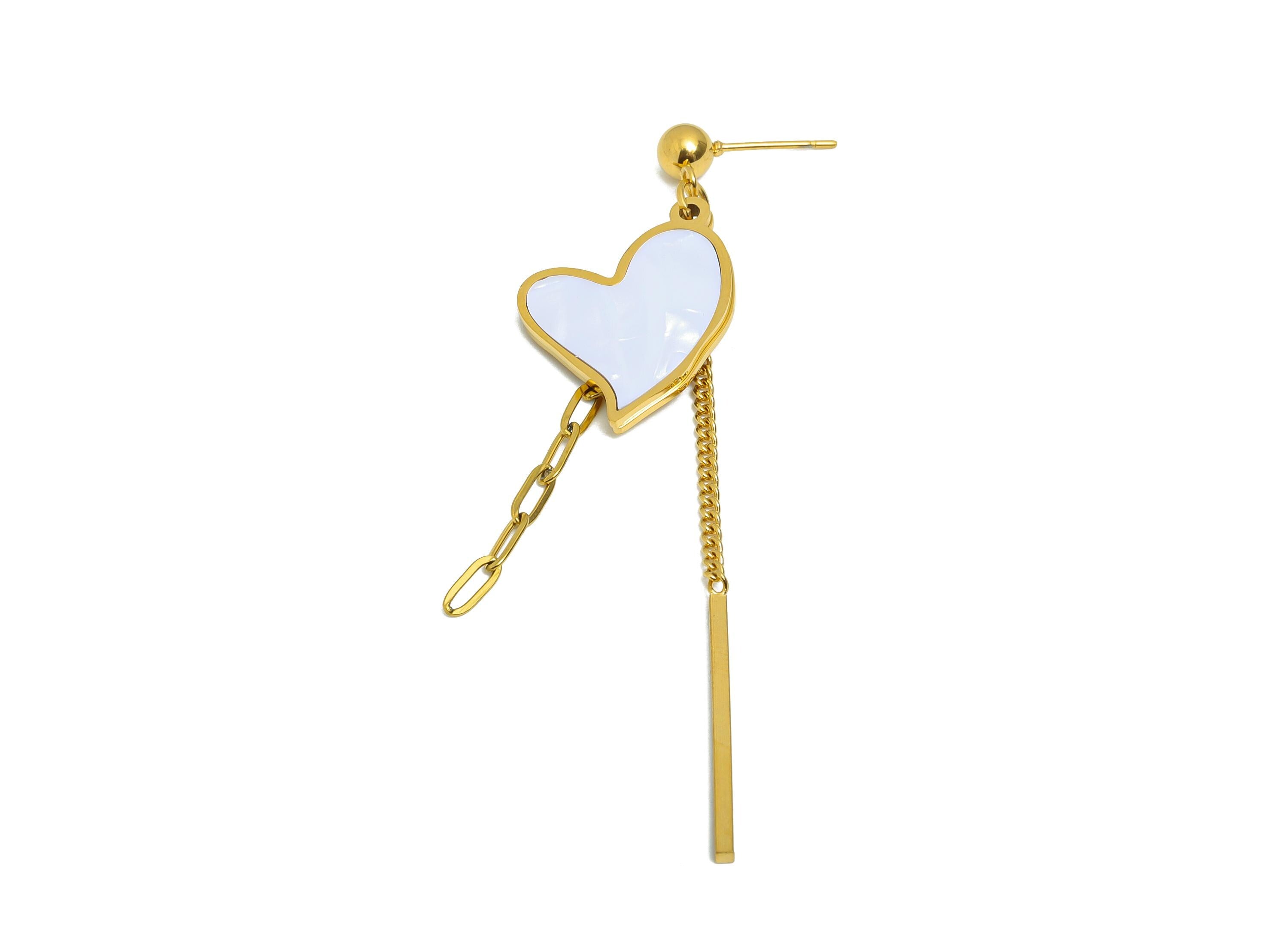 Steel Heart Dangle Tassel Stud - Gold Asymmetrical Heart Hanging Post - Chic Chain Tassel Stud - Gold Vacuum Plated - 73.5x18x1.8mm - SS2415 - DOMEDBAZAAR