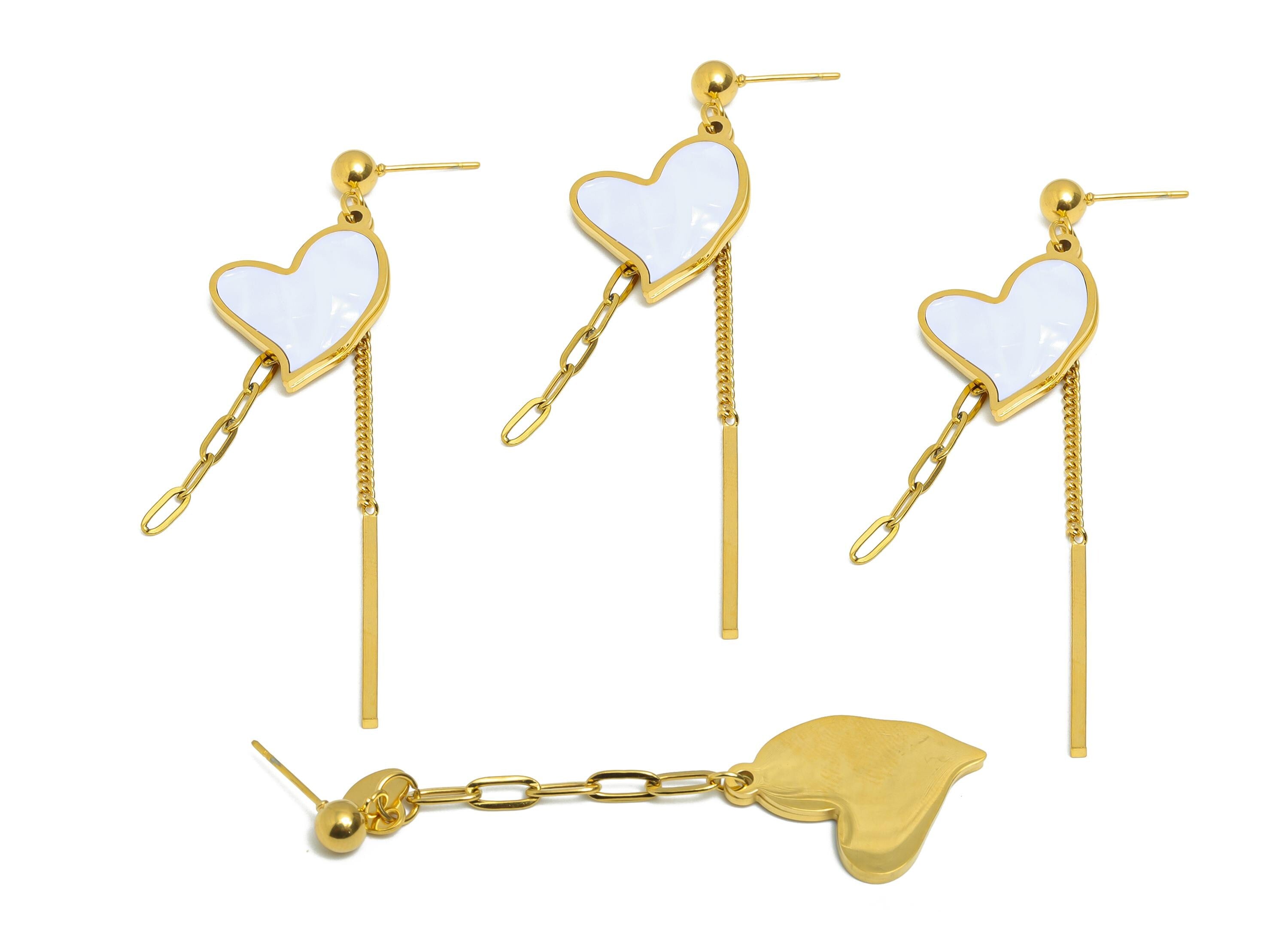 Steel Heart Dangle Tassel Stud - Gold Asymmetrical Heart Hanging Post - Chic Chain Tassel Stud - Gold Vacuum Plated - 73.5x18x1.8mm - SS2415 - DOMEDBAZAAR