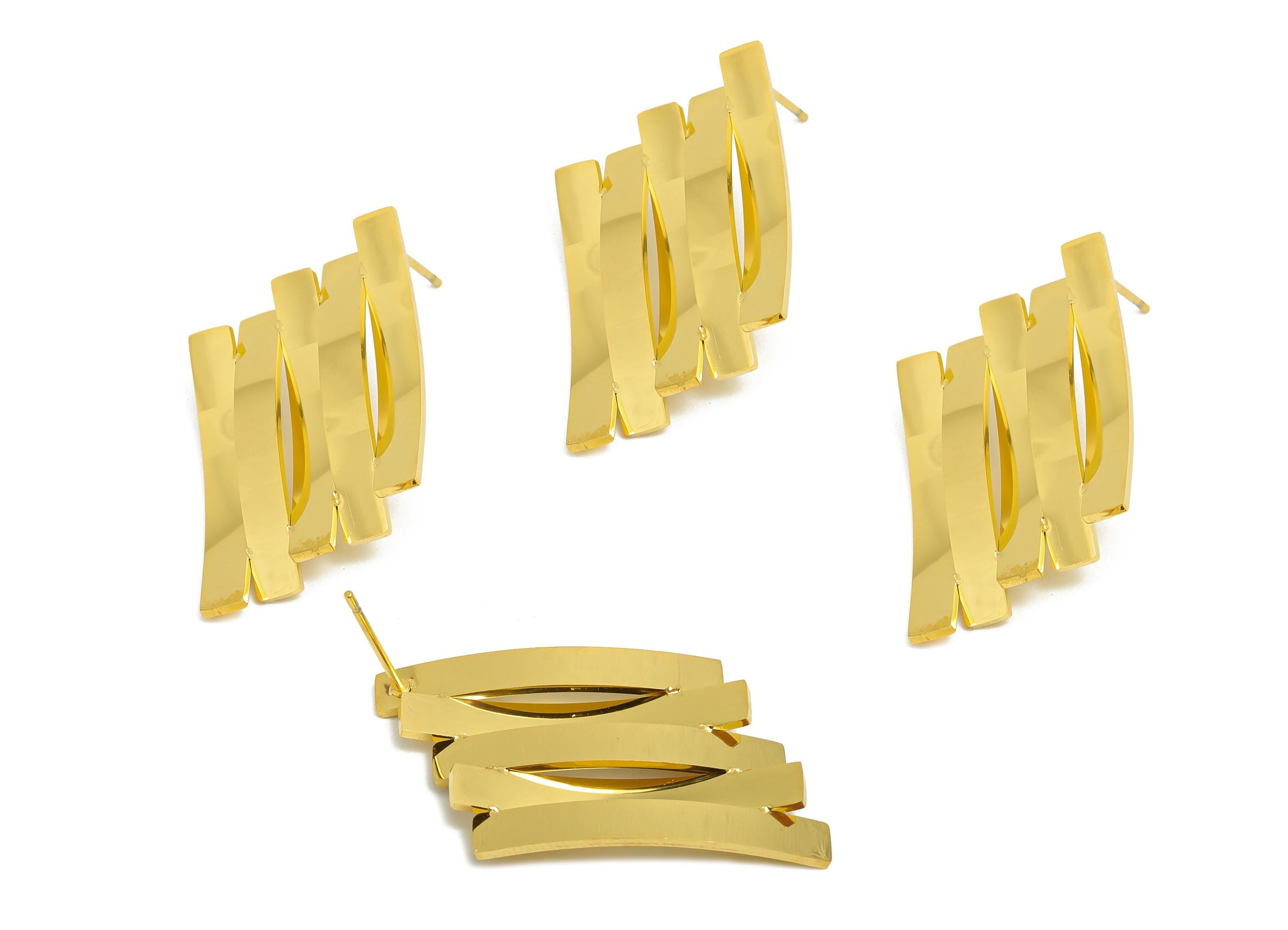 Steel Geometric Earring Stud - High Fashion Gold Earrings Post - Bold Statement Metal Post - Vacuum Gold Plating - 43x19.9x2.95mm - SS2421 - DOMEDBAZAAR