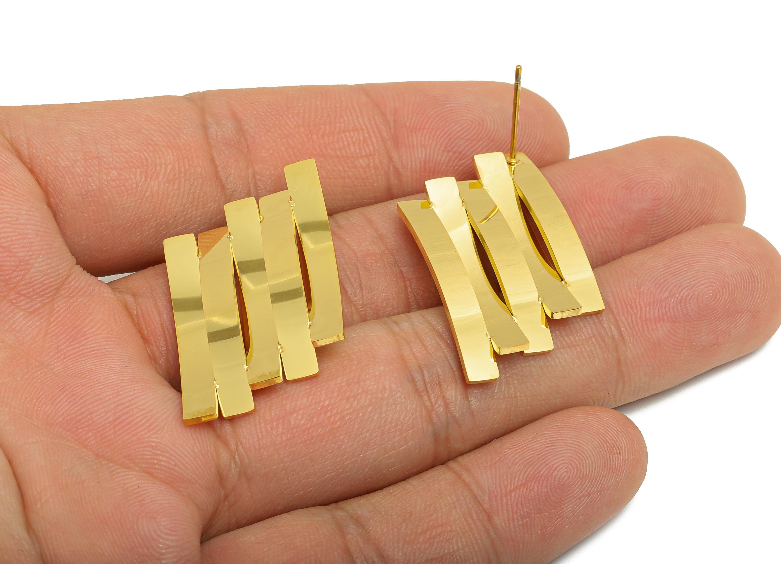 Steel Geometric Earring Stud - High Fashion Gold Earrings Post - Bold Statement Metal Post - Vacuum Gold Plating - 43x19.9x2.95mm - SS2421 - DOMEDBAZAAR