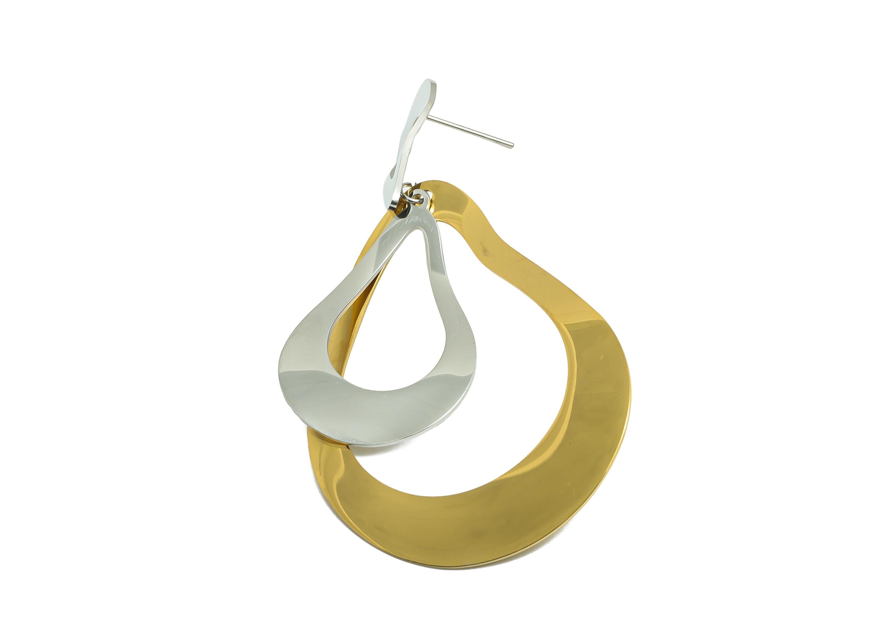 Stainless Steel Drop Earring Stud - Abstract Geometric Earring Stud - Bold Dangle Earring Post - Vacuum Gold Plating - 72x39x0.85mm - SS2417