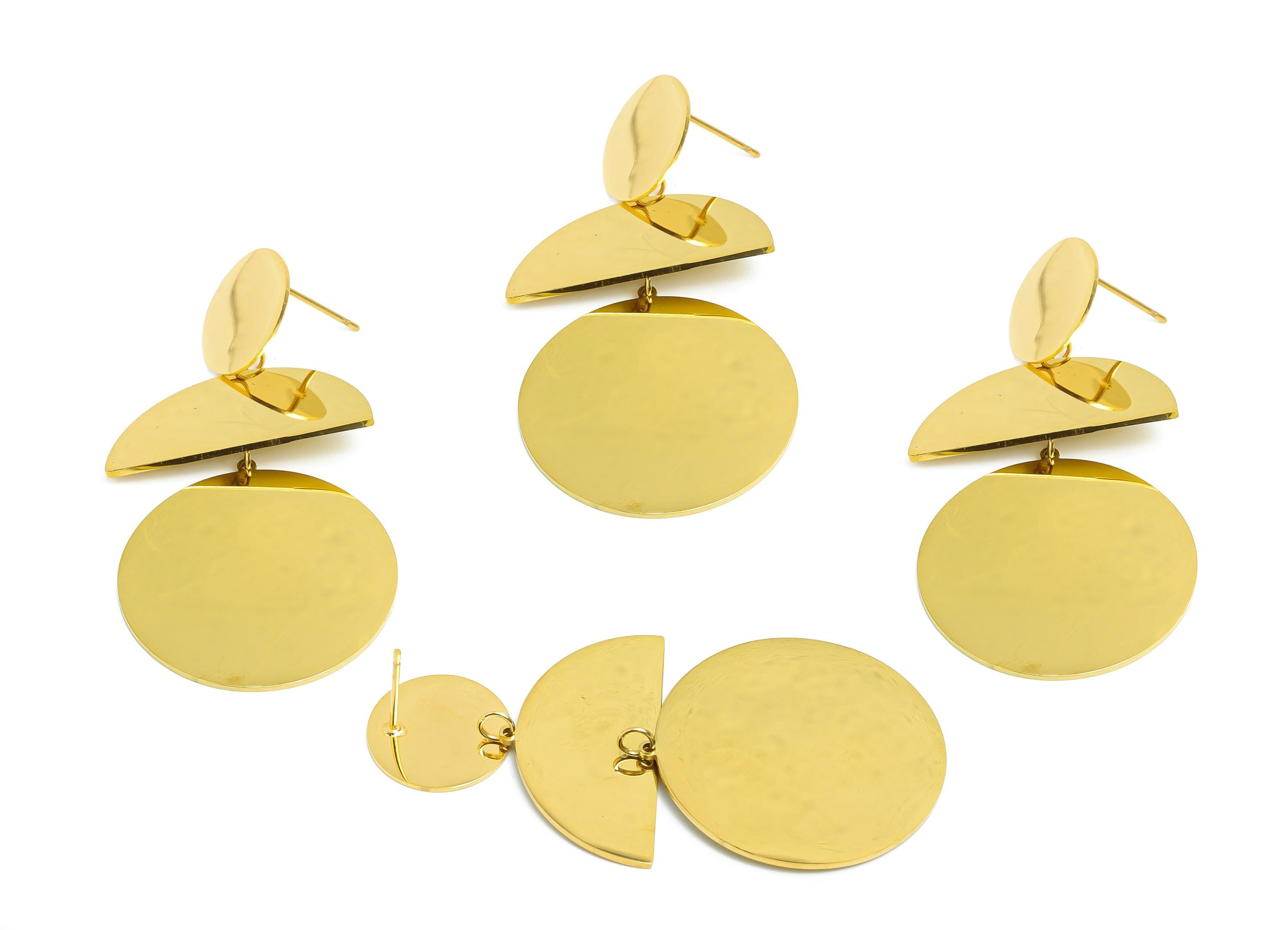 Steel Geometric Dangle Earring Stud - Abstract Geometric Earring Stud - Bold Dangle Earring Post - Vacuum Gold Plating - 59x29x1mm - SS2412 - DOMEDBAZAAR