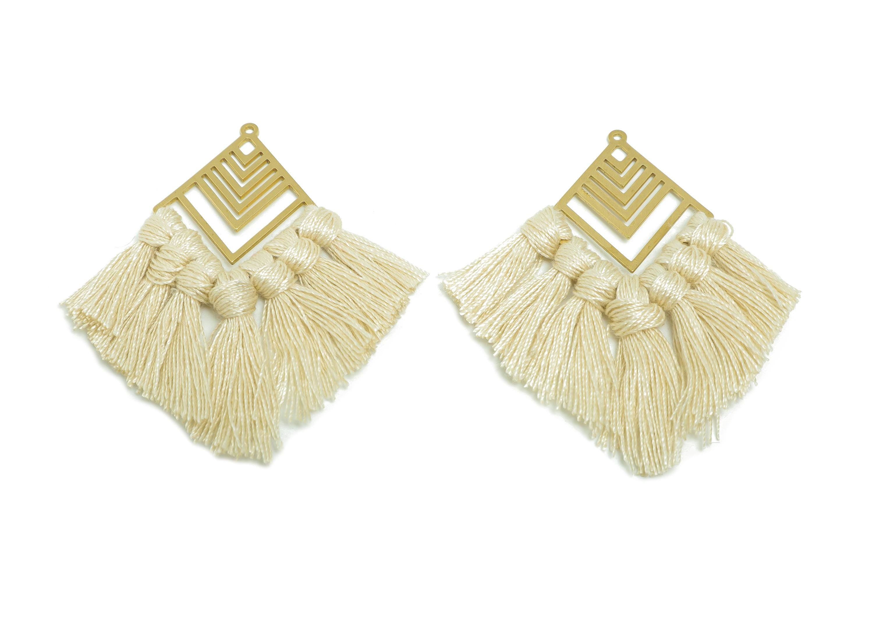 Boho Geometric Tassel Earring Charm - Raw Brass Rhombus Cotton Fringe - Handmade Woven Dangle Charm - Jewelry Making - 74x29.7x2mm -TSM1932