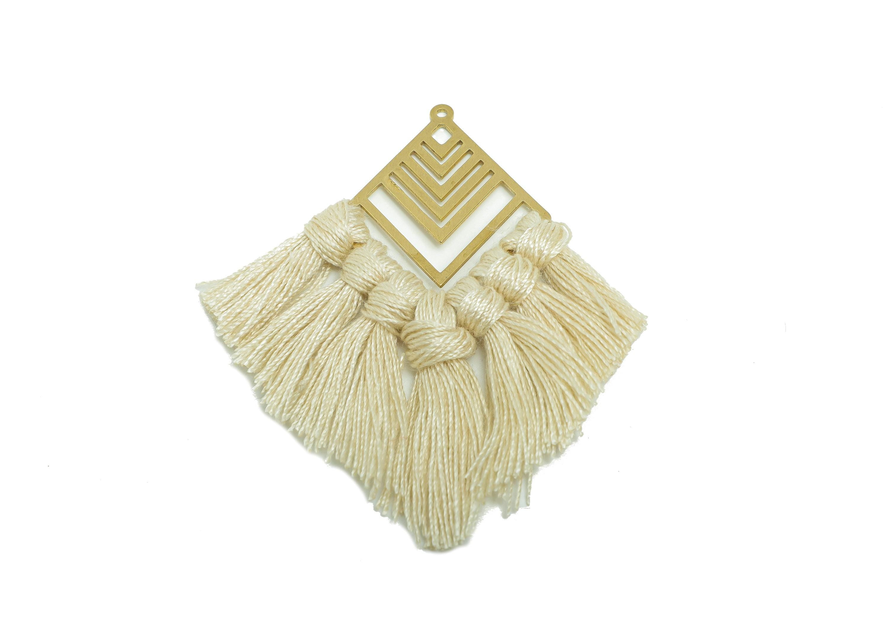 Boho Geometric Tassel Earring Charm - Raw Brass Rhombus Cotton Fringe - Handmade Woven Dangle Charm - Jewelry Making - 74x29.7x2mm -TSM1932
