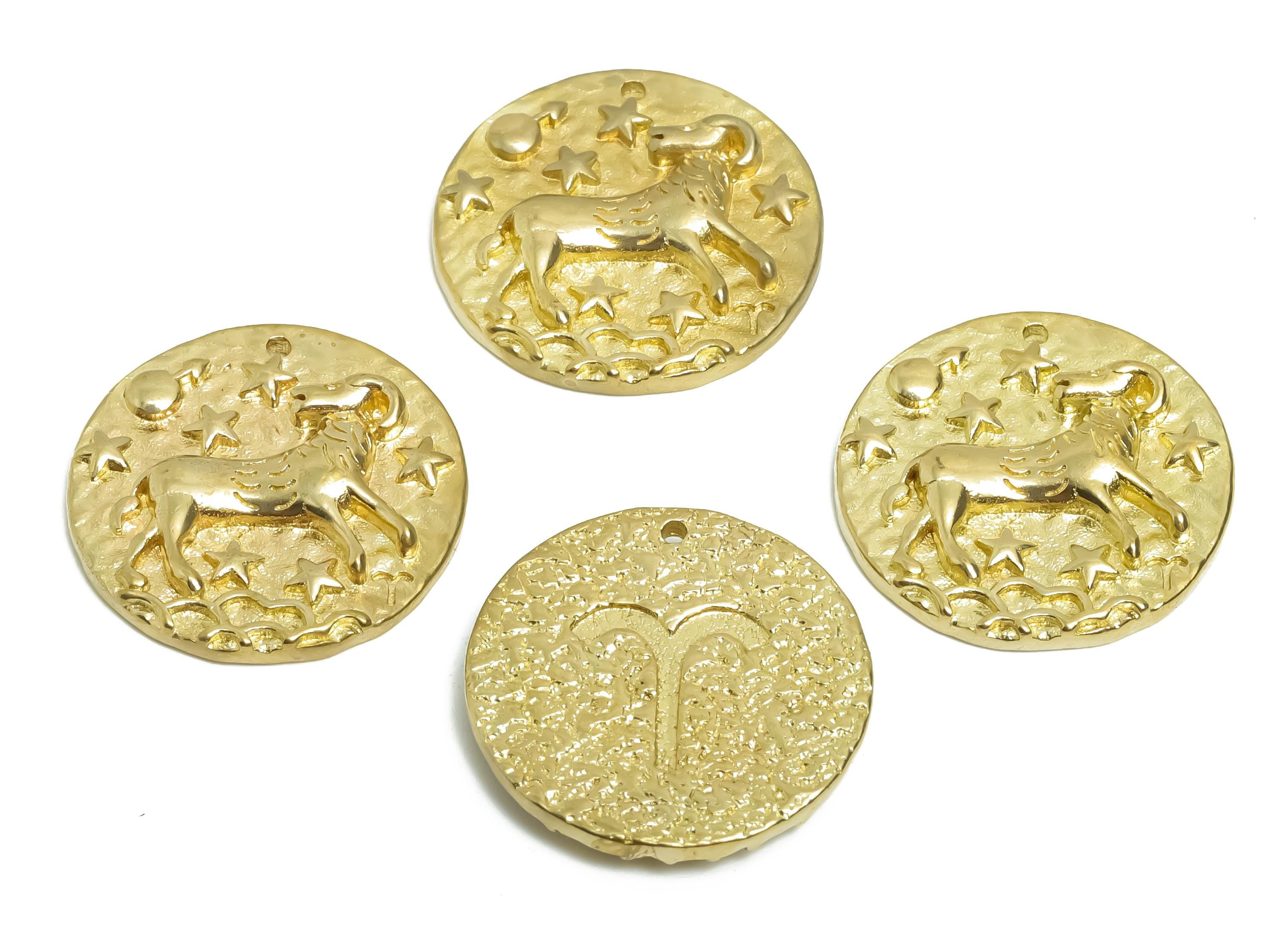Aries Zodiac Round Charm - Raw Brass Horoscopes Charm - Round Animal Pendant - Brass Zodiac Pendant - For Necklace - 19.4x19.4x3mm - PP7751M - DOMEDBAZAAR