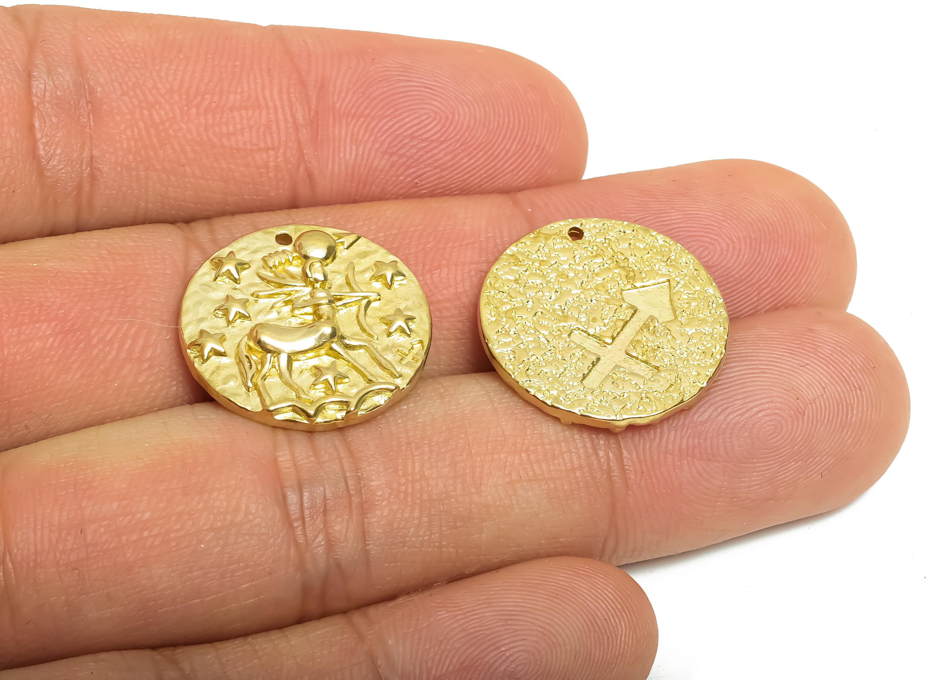 Sagittarius Zodiac Round Charm - Raw Brass Horoscopes Charm - Round Animal Pendant - Brass Zodiac Necklace Pendant - 19.4x19.4x3mm - PP7751N - DOMEDBAZAAR