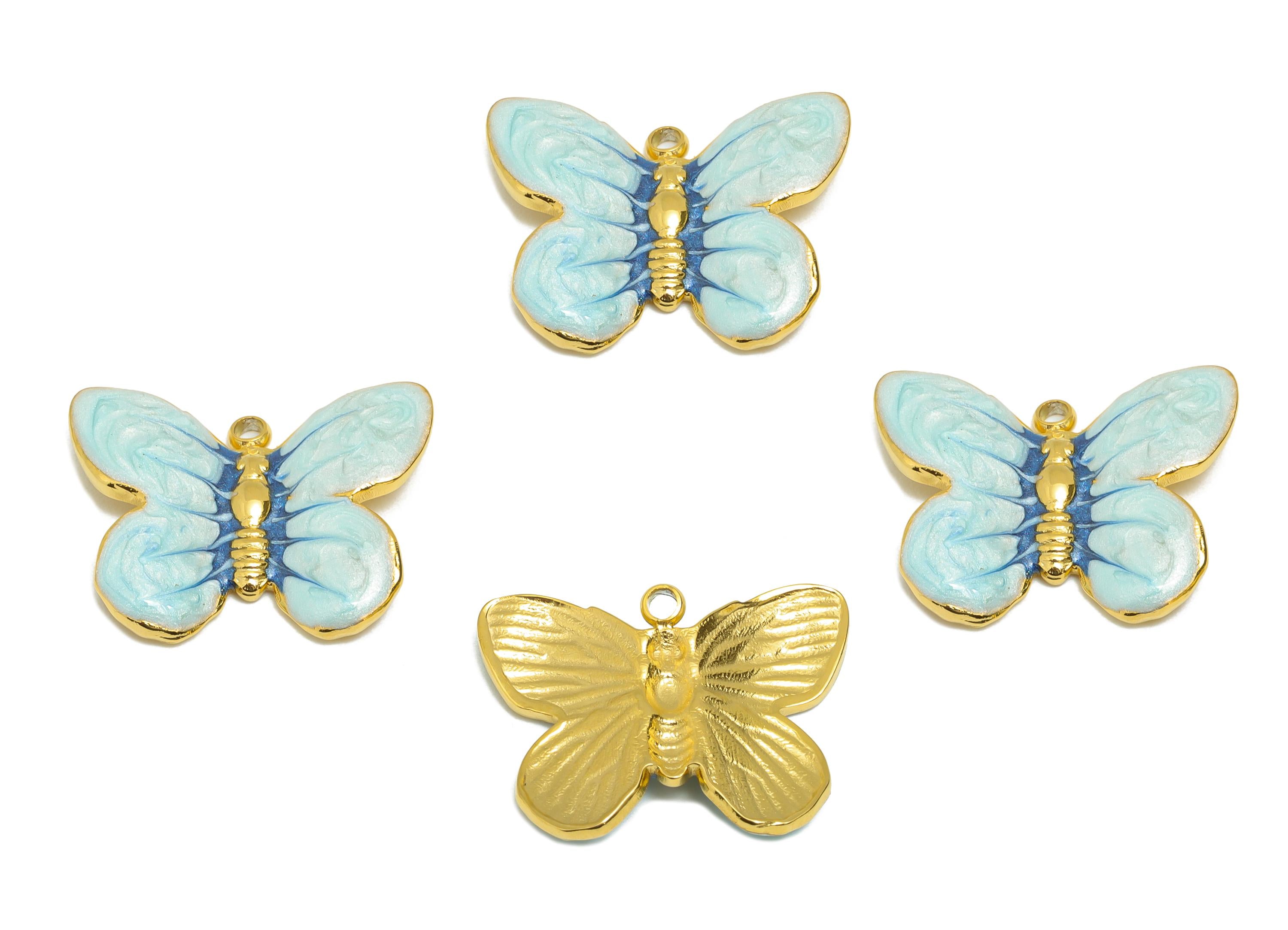 Steel Butterfly Charms - Enamel Colorful Butterfly Pendant - Elegant Butterfly Necklace Pendant - Gold Tone Vacuum Plated - 19x15x3mm-SS1493 - DOMEDBAZAAR