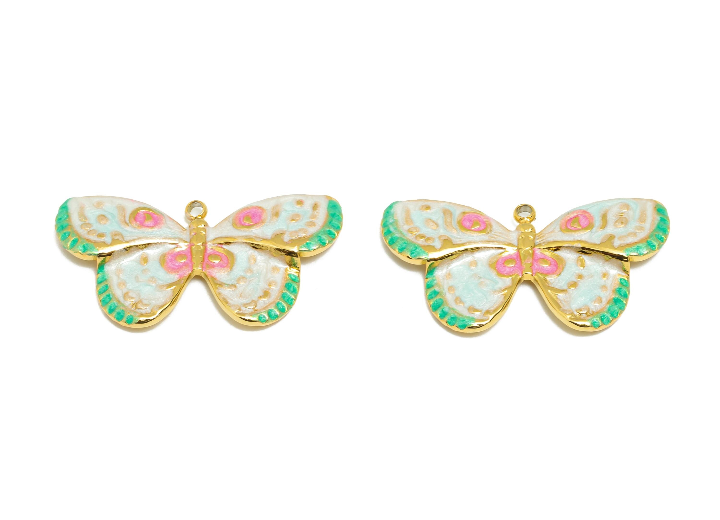 Steel Butterfly Charms - Enamel Spring Butterfly Pendant - Dainty Sparking Butterfly Jewelry - Gold Tone Vacuum Plated - 30x16x2mm-SS1500 - DOMEDBAZAAR
