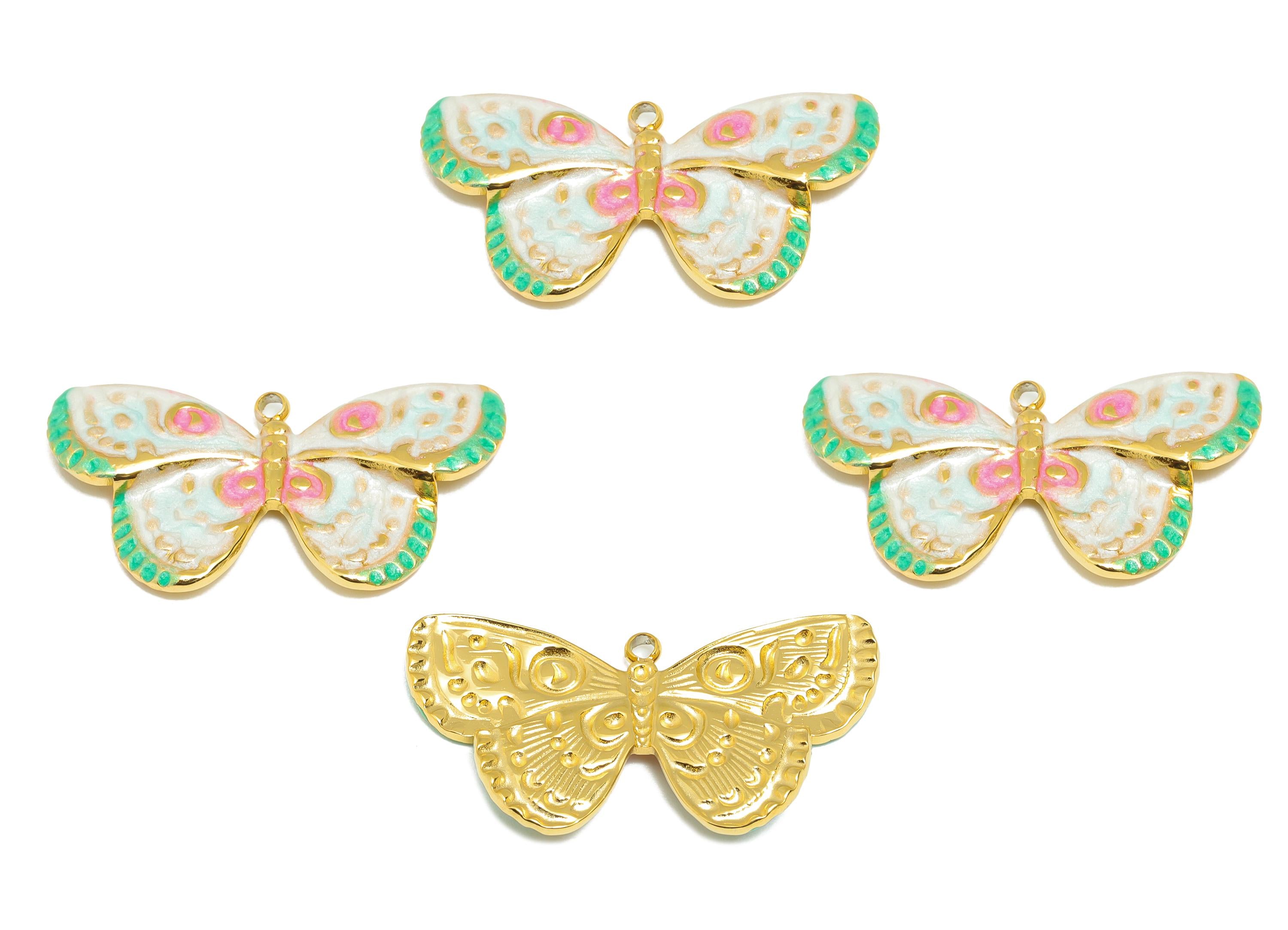 Steel Butterfly Charms - Enamel Spring Butterfly Pendant - Dainty Sparking Butterfly Jewelry - Gold Tone Vacuum Plated - 30x16x2mm-SS1500 - DOMEDBAZAAR