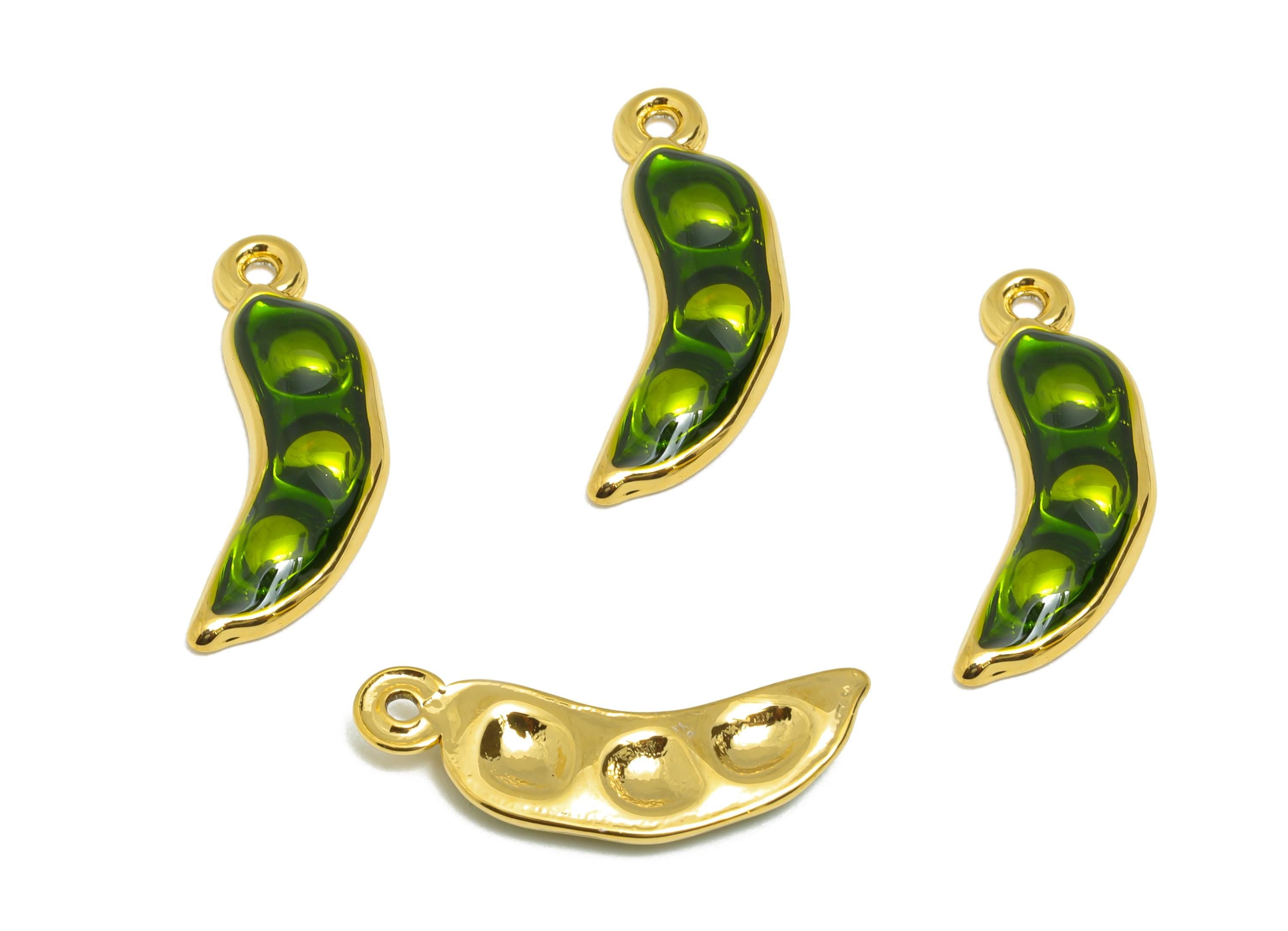 Steel Enamel Pea Charm - Green Enamel Pea Jewelry - Modern Botanical Pendant For Necklace - Gold Tone Vacuum Plated - 19x7.1x2.12mm - SS1490 - DOMEDBAZAAR