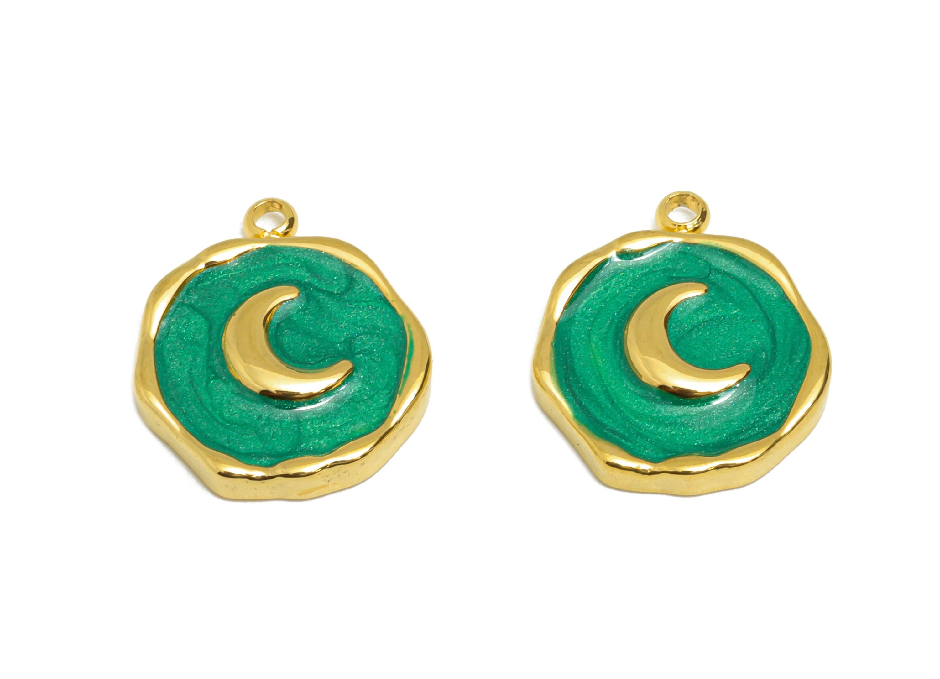 Steel Enamel Crescent Charm - Vintage Moon Jewelry - Dainty Green Pendant For Necklace - Gold Tone Vacuum Plated - 15x13x2.57mm - SS1486 - DOMEDBAZAAR