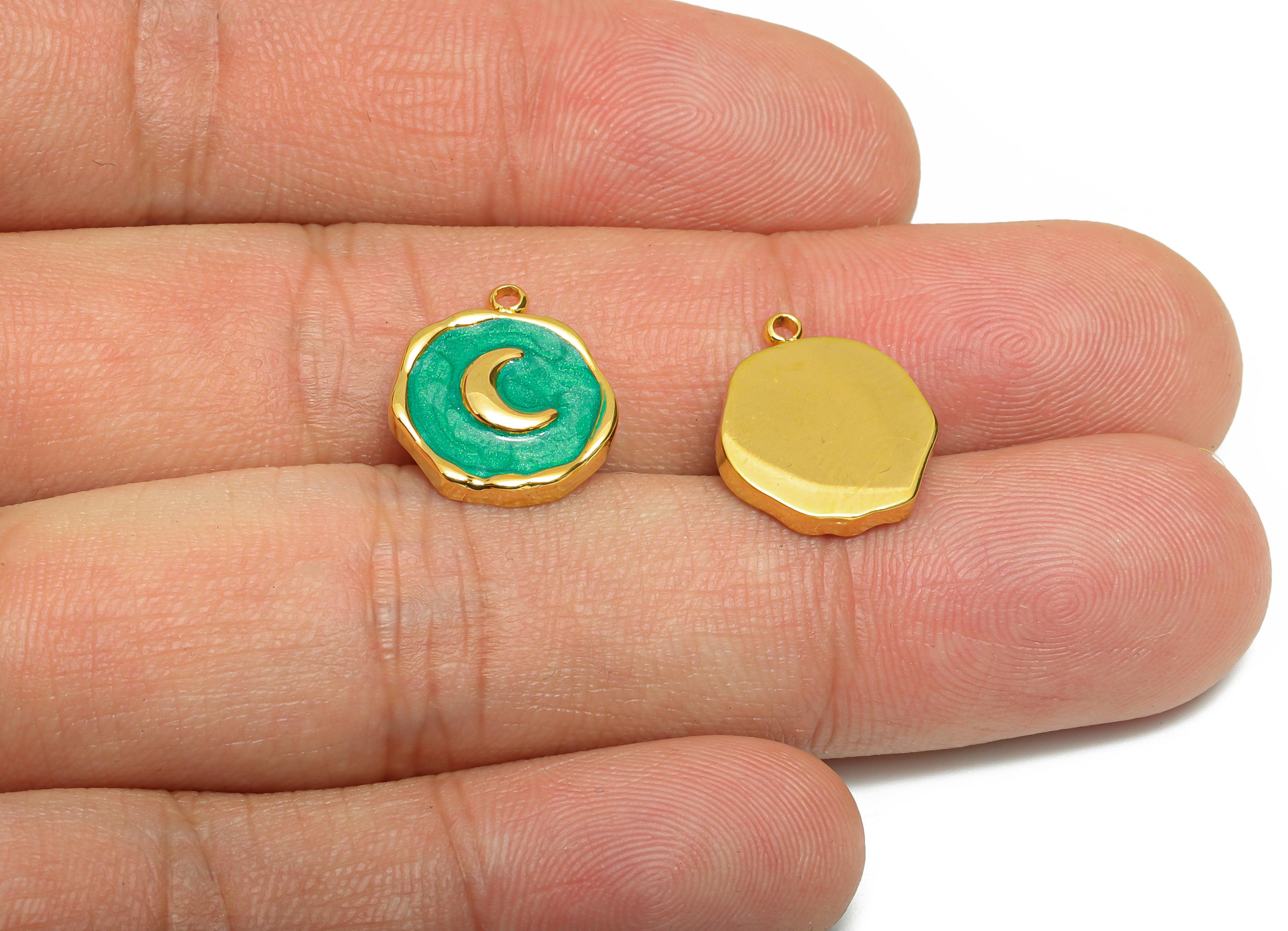 Steel Enamel Crescent Charm - Vintage Moon Jewelry - Dainty Green Pendant For Necklace - Gold Tone Vacuum Plated - 15x13x2.57mm - SS1486 - DOMEDBAZAAR