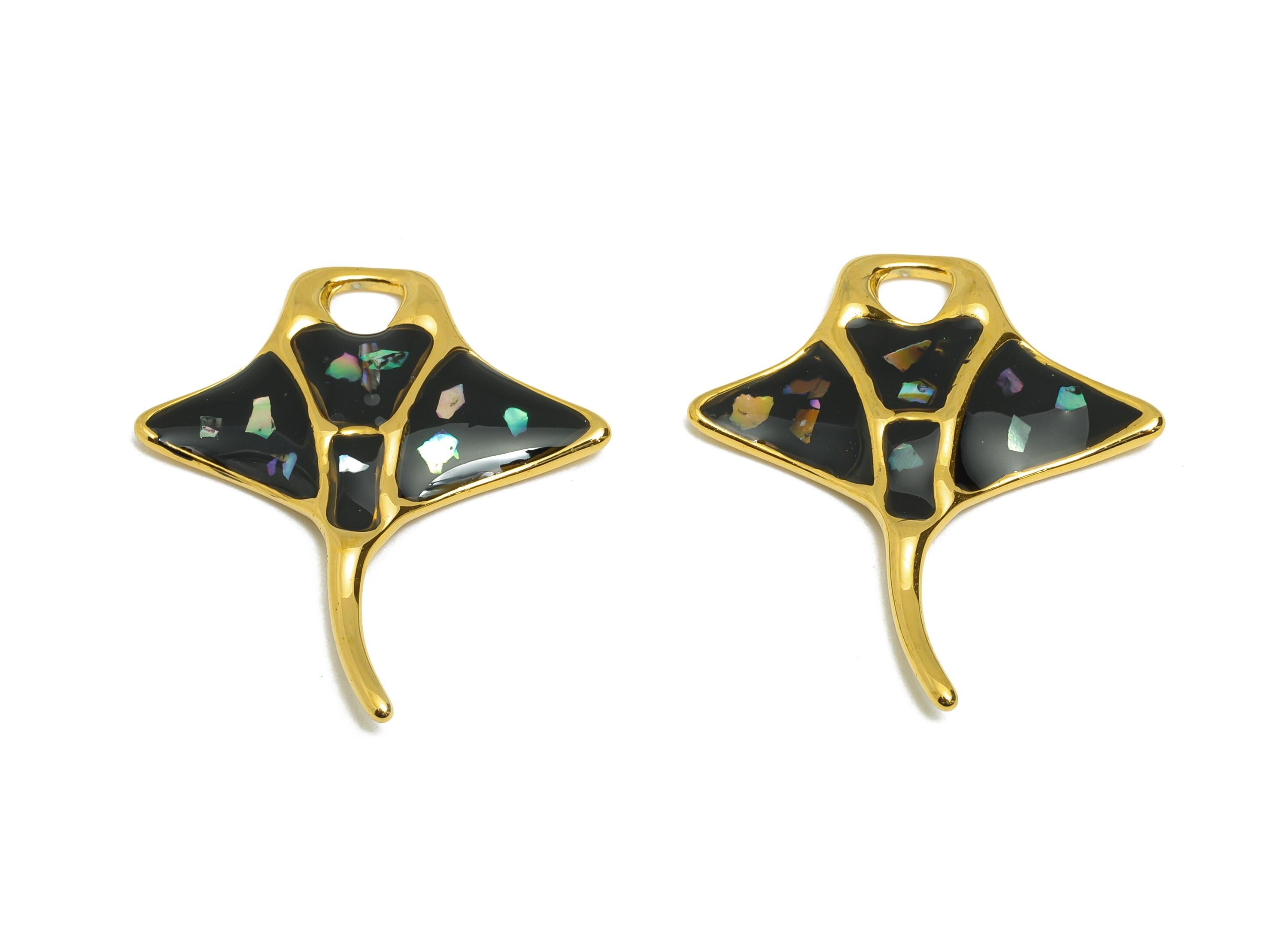 Steel Enamel Fish Charm - Marine Life Jewelry - Black and Gold Pendant - Gold Tone Vacuum Plated -  Ocean Pendant - 29.34x25x2.56mm - SS1523 - DOMEDBAZAAR