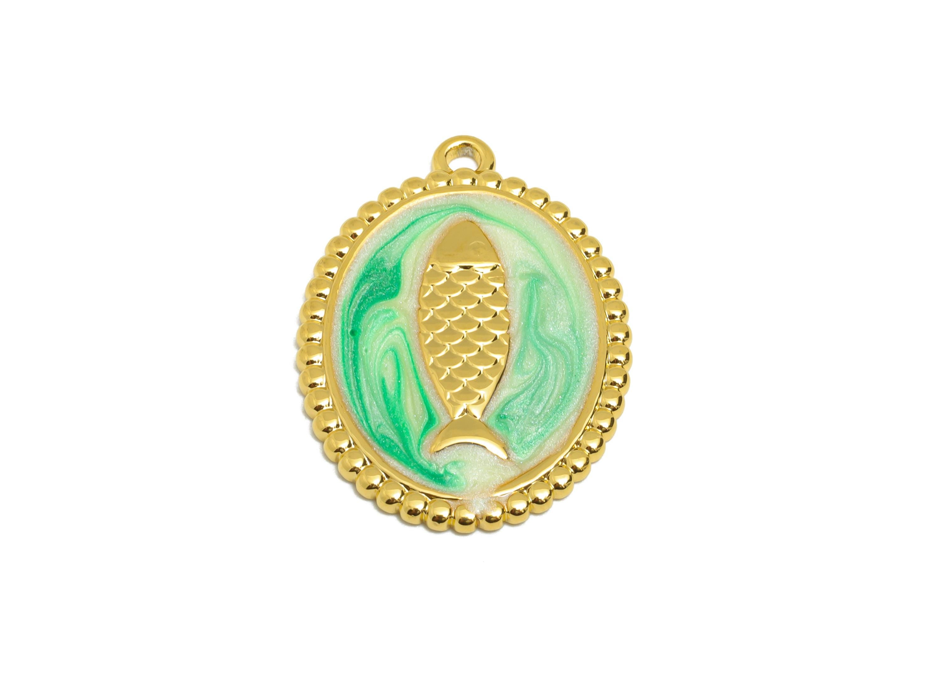 Steel Enamel Fish Medallion - Vintage Lucky Fish Amulet Pendant - DIY Jewelry Craft Supply - Gold Tone Vacuum Plated - 23x17x2.07mm - SS1515