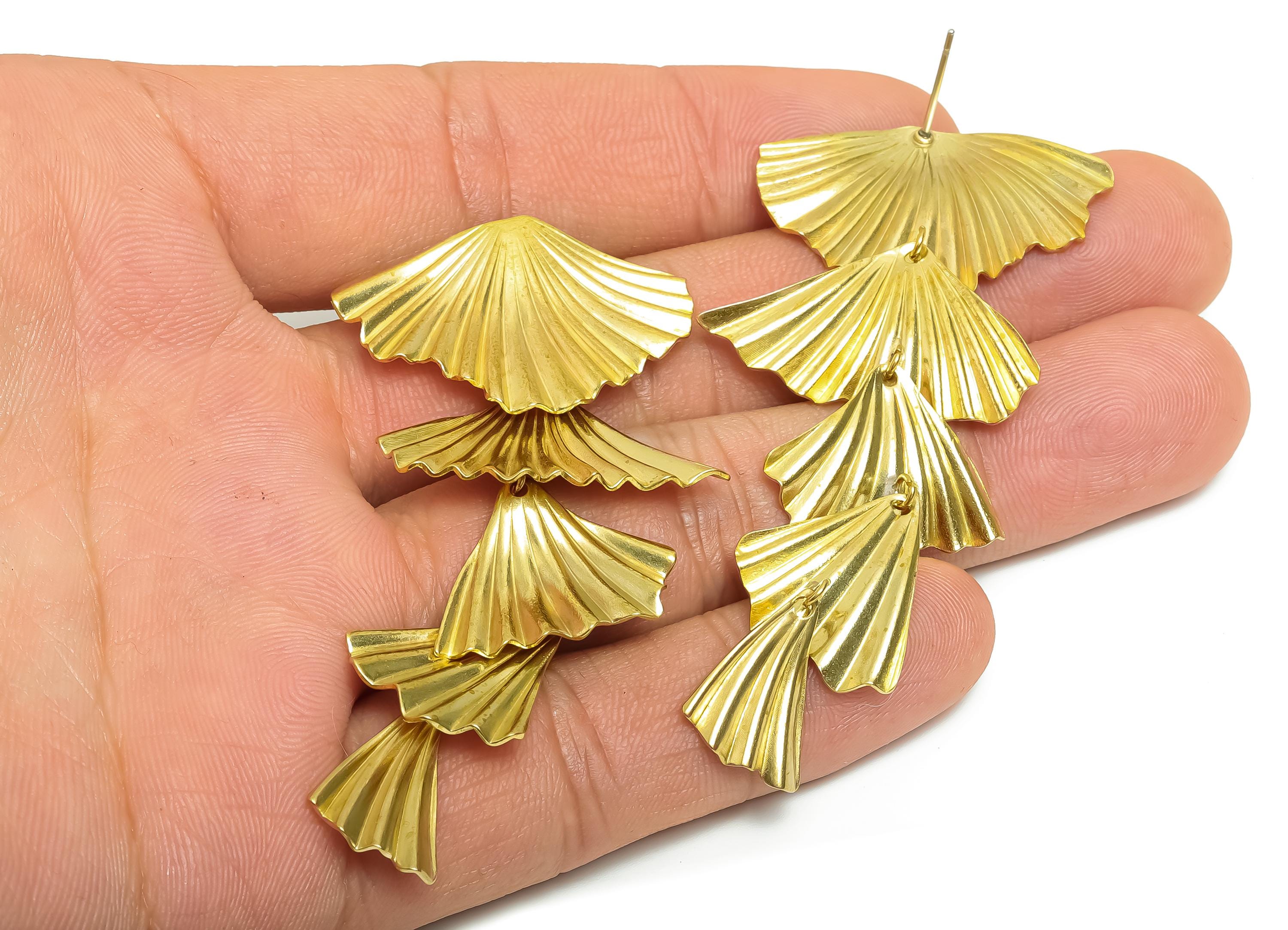Brass Fan Earring Post - Layered Fan Drop Earring Stud - Sculptural Cascade Earring - Elegant Fan Earrings for Women - 67x30x1mm - PP11237 - DOMEDBAZAAR