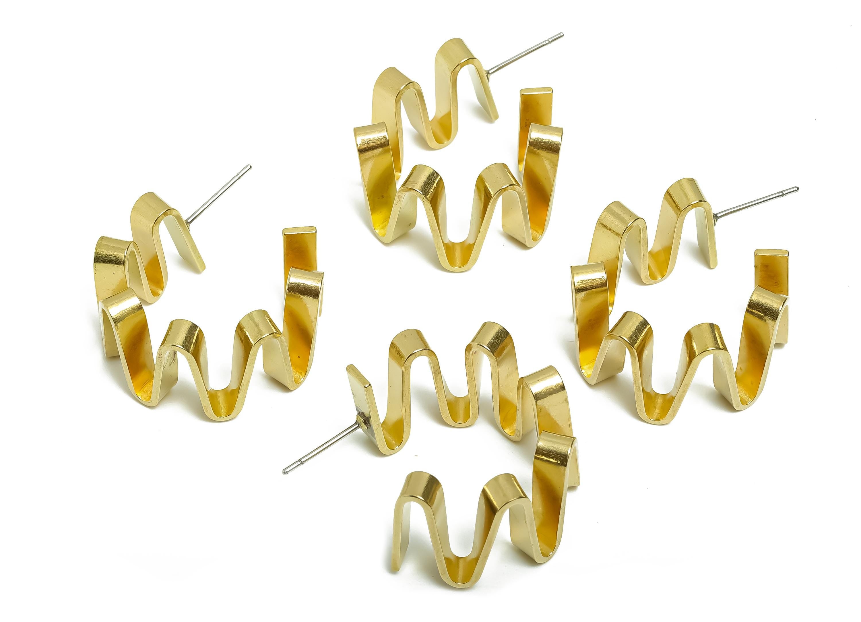Brass Hoop Earring Post - Wavy Hoop Stud Earring - Modern Gold Ripple Hoop Earring - Curvy Abstract Hoop Earring - 16x14x1mm - PP11211 - DOMEDBAZAAR