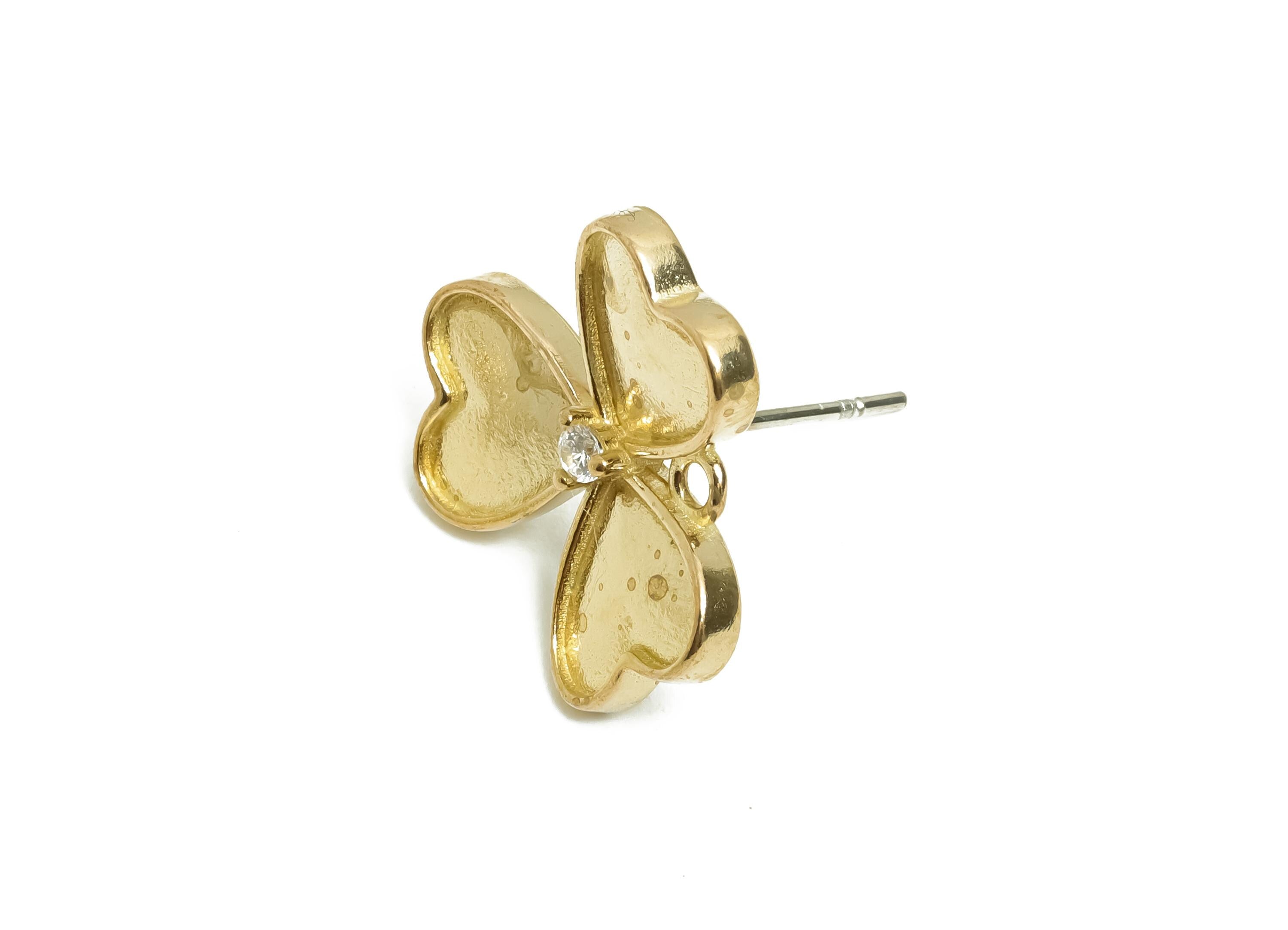 Raw Brass Heart Clover Earring Stud - Mini Clover Heart Earring Post With Loop - Cubic Zircon Heart Earring For DIY - 16x16x1.9mm - PP11227 - DOMEDBAZAAR