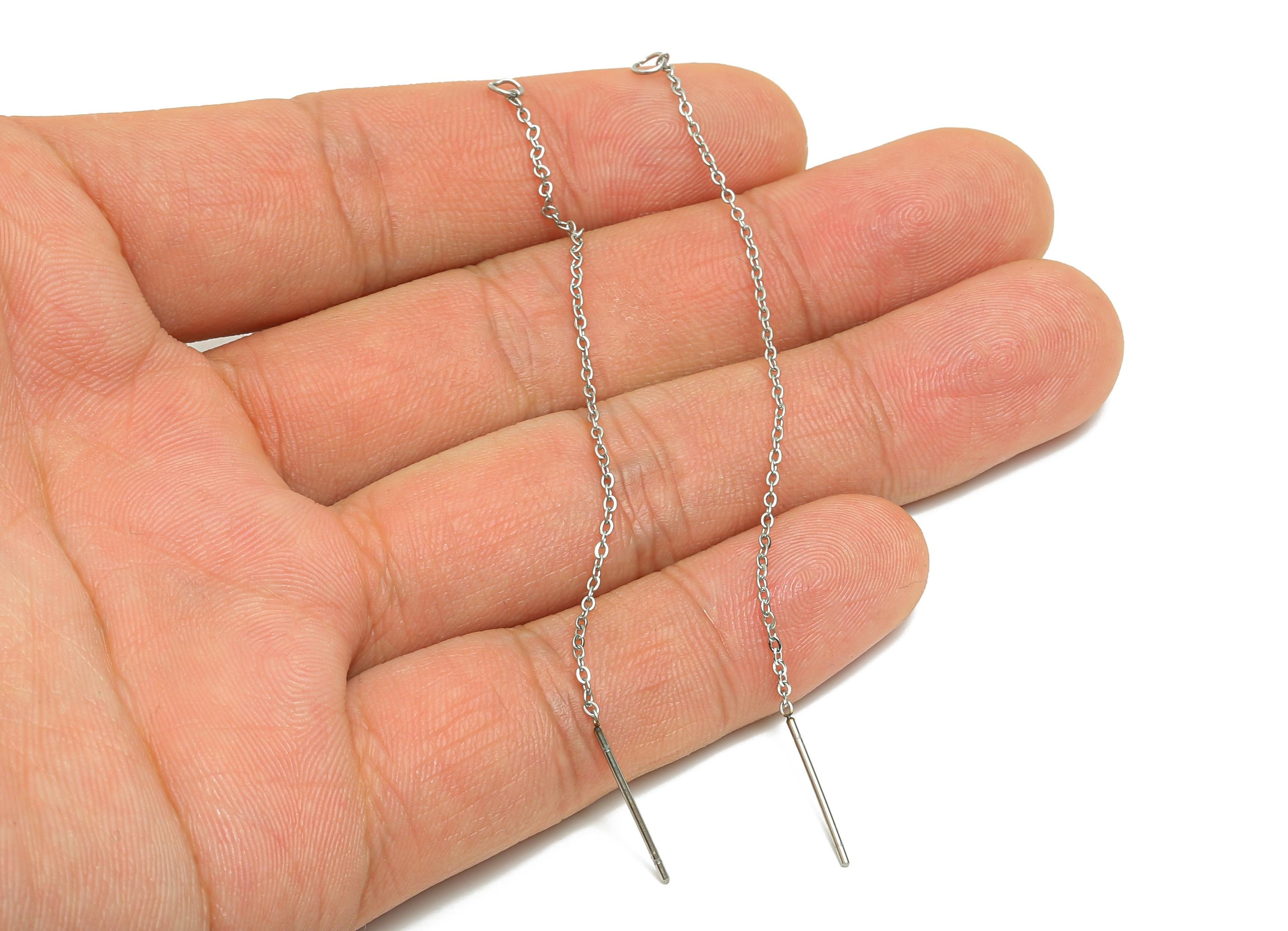 7cm Steel Dangle Chain Earring Post - Flat Cable Chain Earring Stud - Threader Earrings With Loop - Stainless Steel Chain Earring - SS2133G