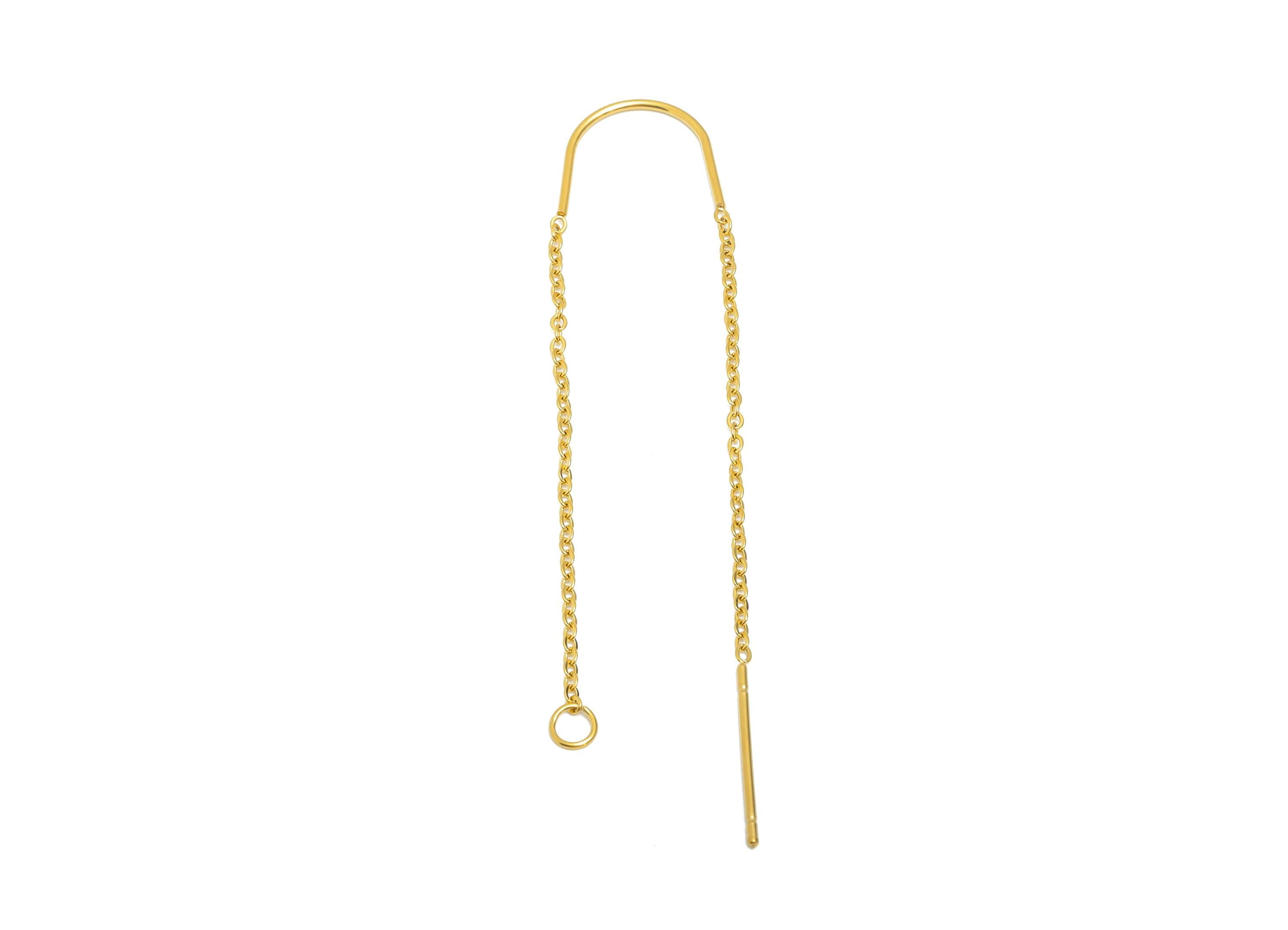 4cm Steel Dangle Chain Earring Post - Flat Cable Chain Earring Stud - Threader Earrings With Loop - 18k Real Vacuum Plating - SS2135G - DOMEDBAZAAR