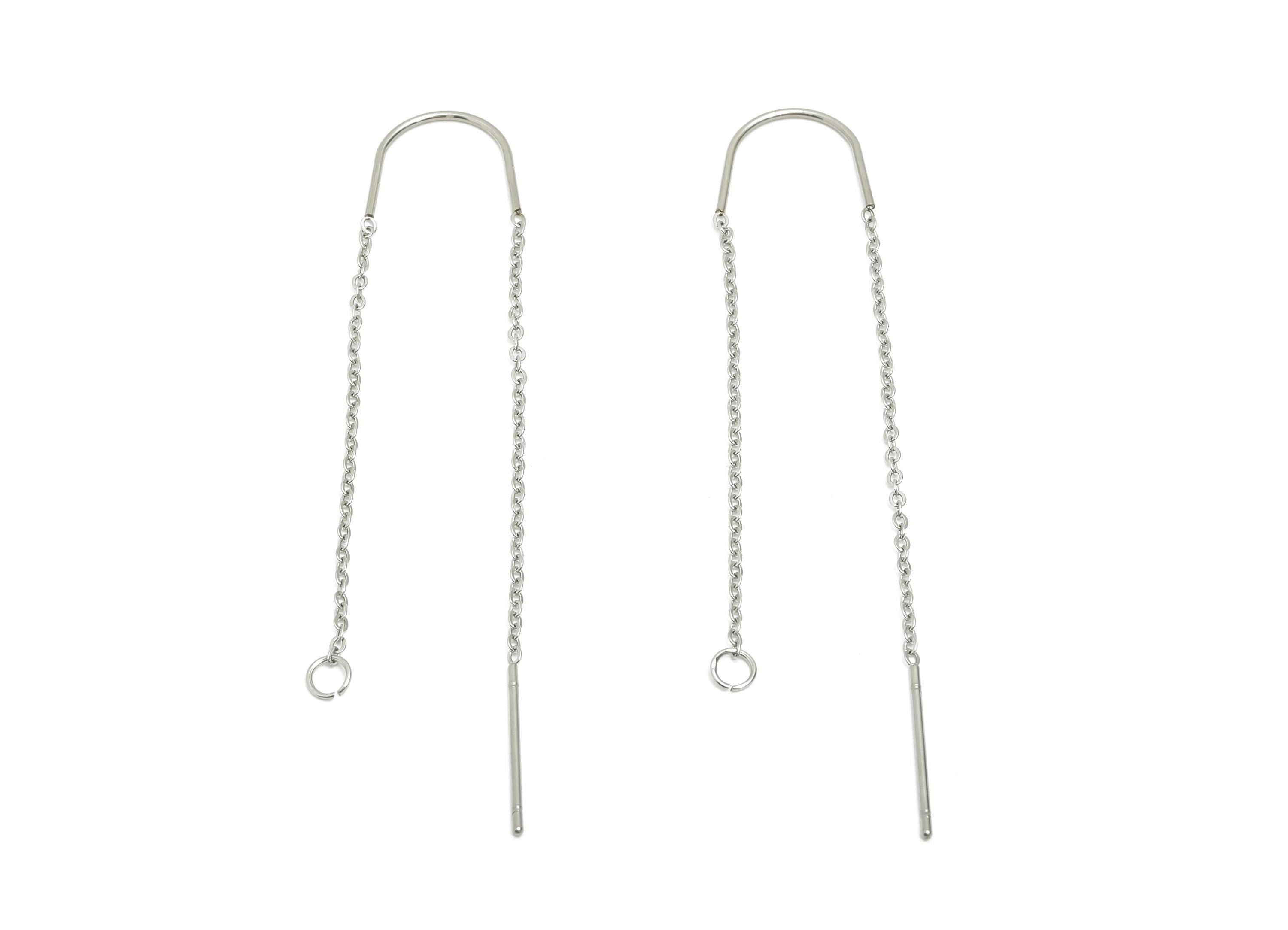 4cm Steel Dangle Chain Earring Post - Flat Cable Chain Earring Stud - Threader Earrings With Loop - DIY Earring Making Supply - SS2135 - DOMEDBAZAAR