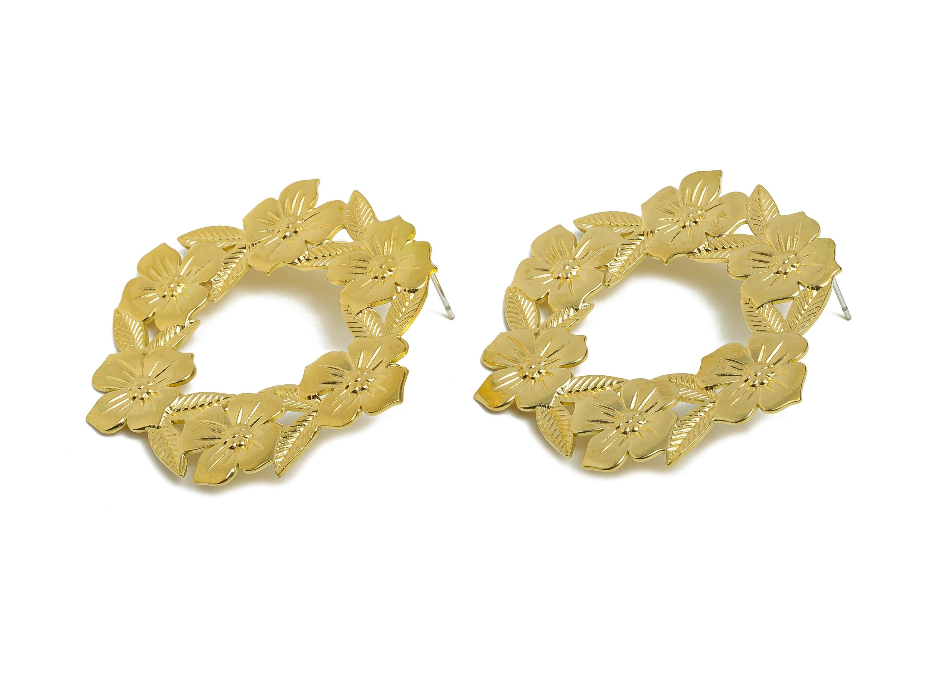 Brass Floral Hoop Earring Post - Gold Flower Cutout Earring Stud - Botanical Jewelry - Lightweight Floral Earring Stud - 47x44x1mm - PP11078 - DOMEDBAZAAR