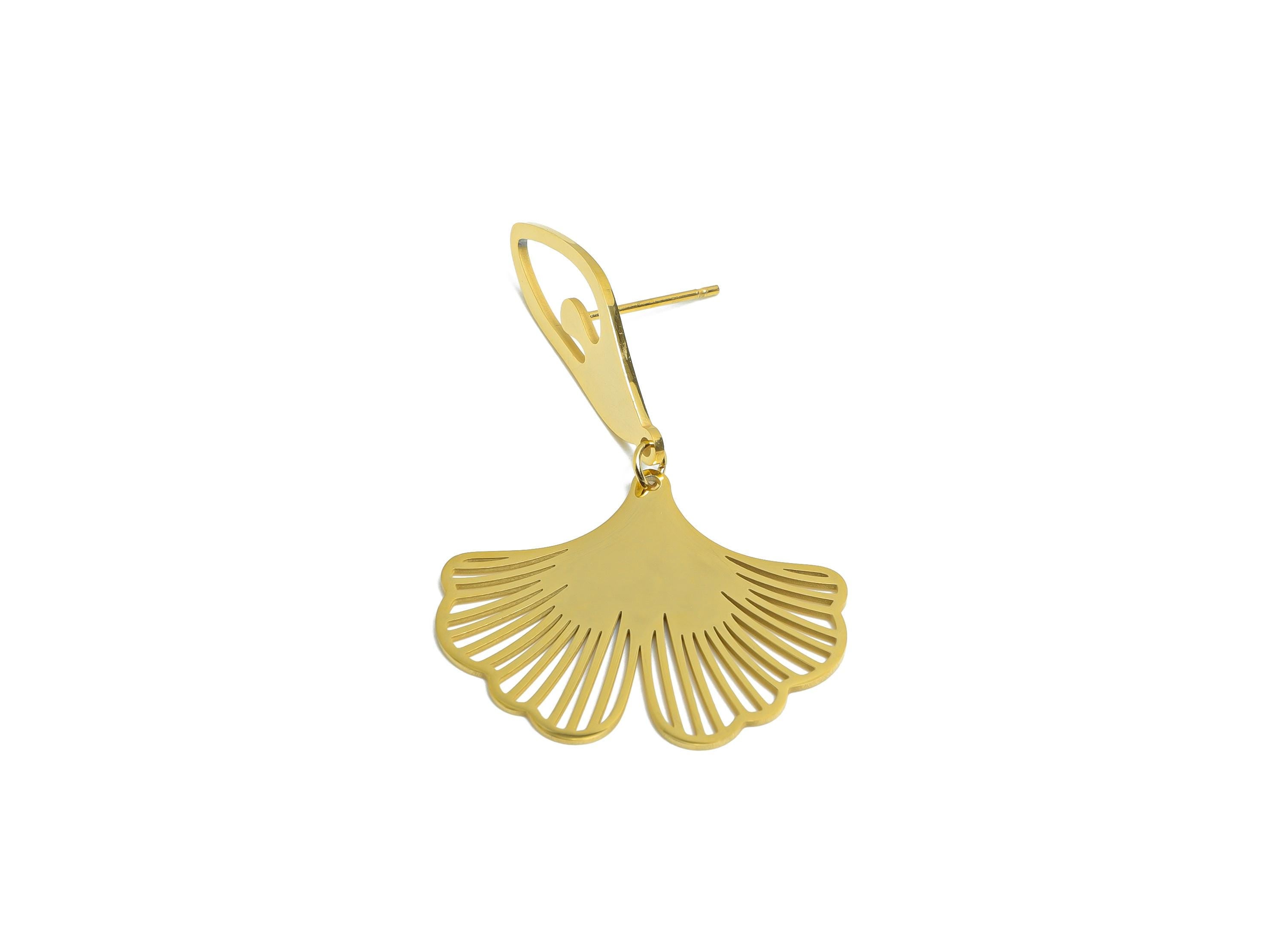 Steel Ginkgo Leaf Earring Stud - Fan Leaf Dangle Earring Post -  Laser Cut Ginkgo Biloba Jewelry - Vacuum Gold Plating - 63x7x5.3mm - SS2240 - DOMEDBAZAAR