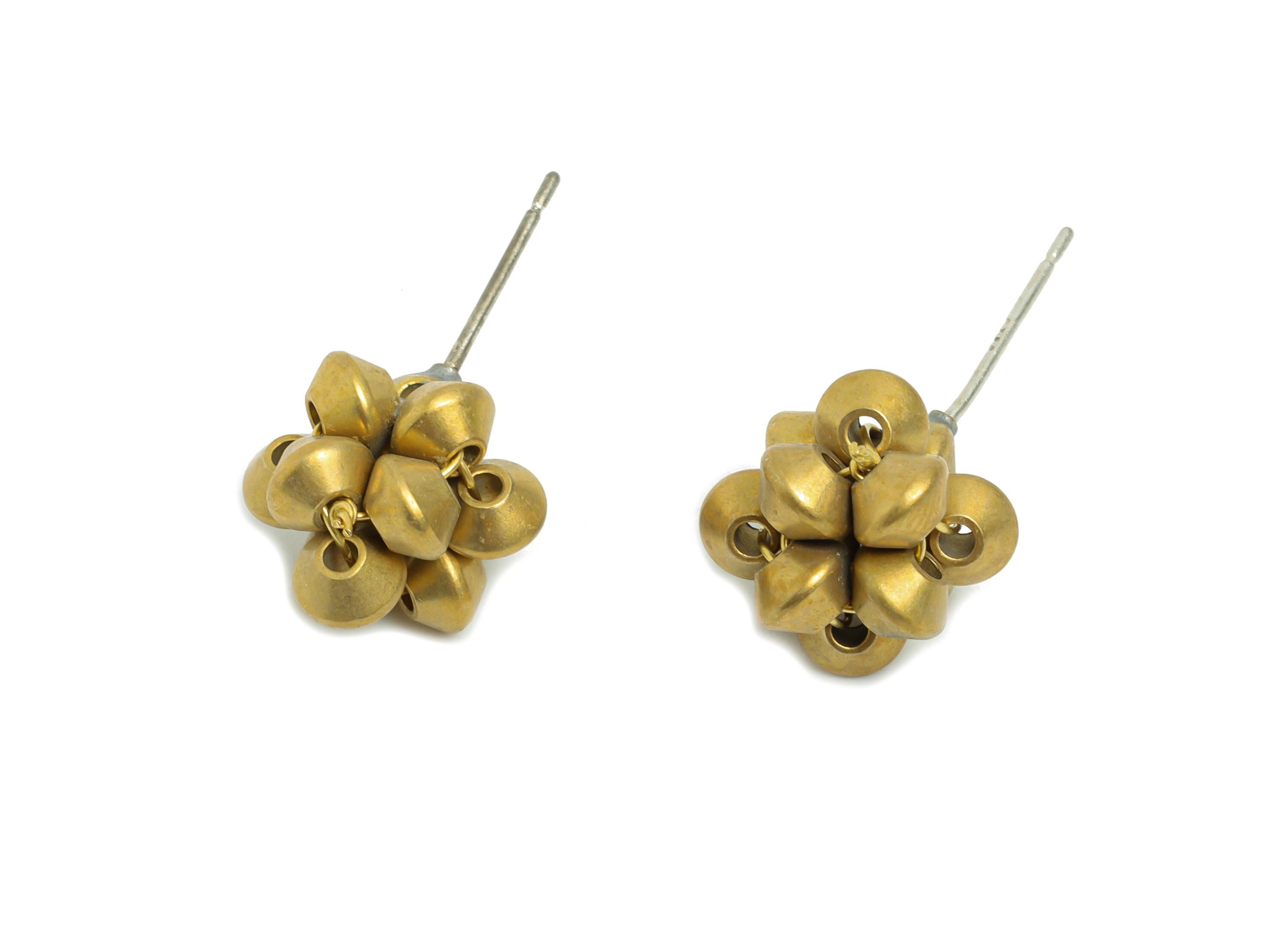 Brass Flower Earring Post - Raw Brass Boho Bold Earring - Geometric Bead Cluster Earring - Modern Art Deco Stud Earring - 24x12x11mm-PP11217 - DOMEDBAZAAR
