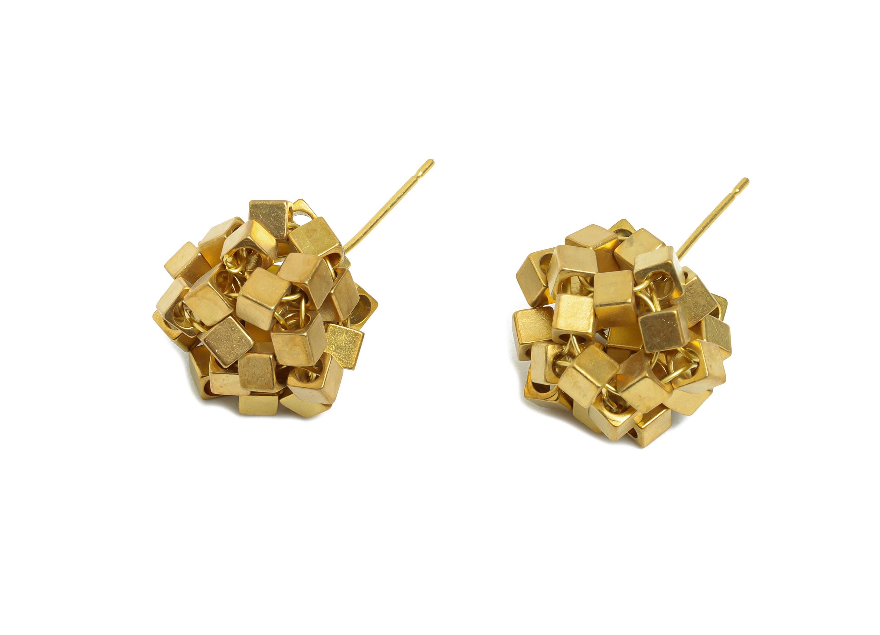 Brass Geometry Earring Post - Raw Brass Cube Beaded Earring - Geometric Bead Cluster Earring - Modern Art Stud Earring - 26x15x13mm-PP11213 - DOMEDBAZAAR