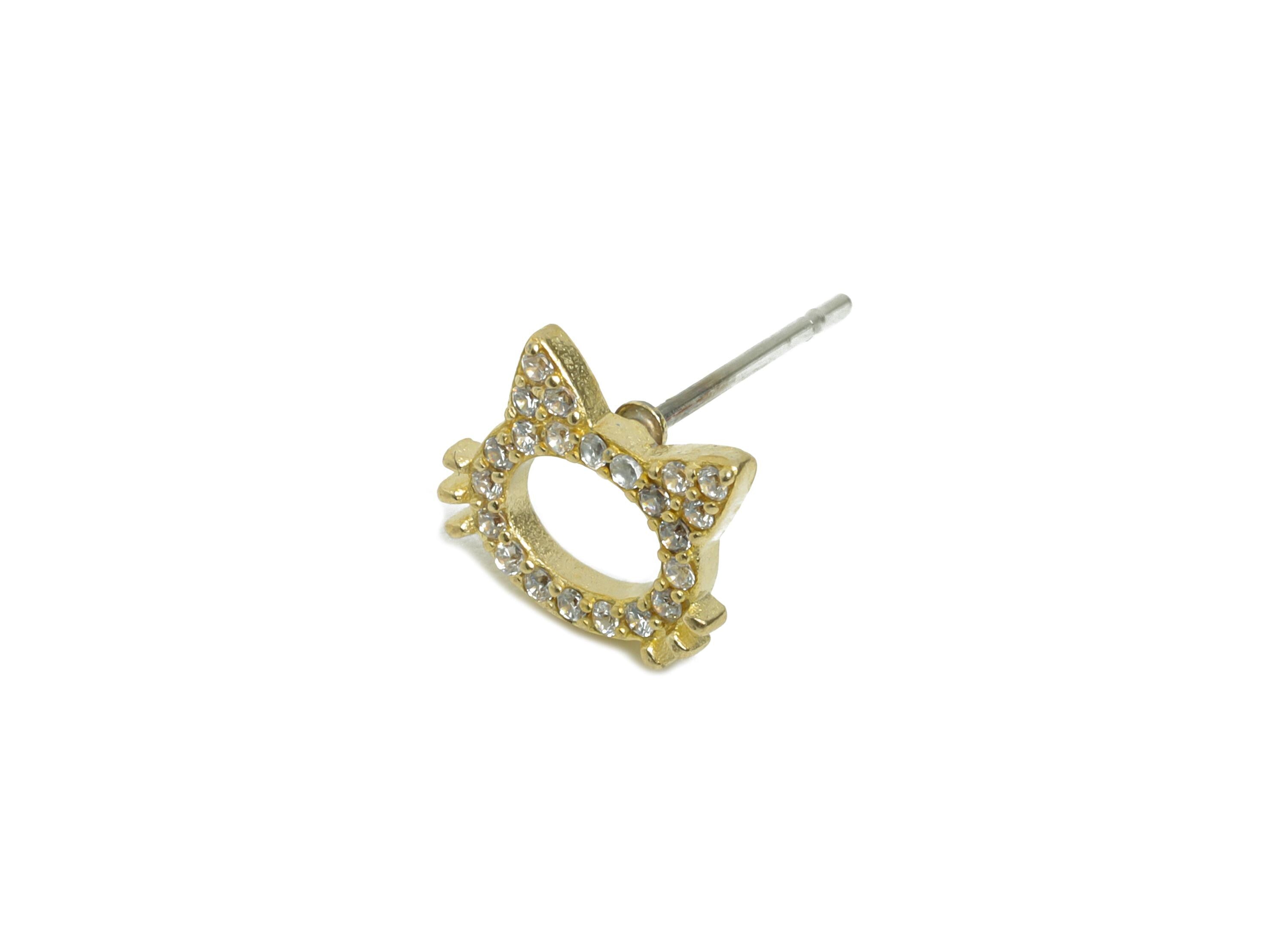 Brass Cat Earring Stud - Cubic Zircon Cat Head Earring Post - Hello Kitty Earring Post - Cute Cat Gift for Her - 9.35x7.17x 1.52mm - PP11380 - DOMEDBAZAAR