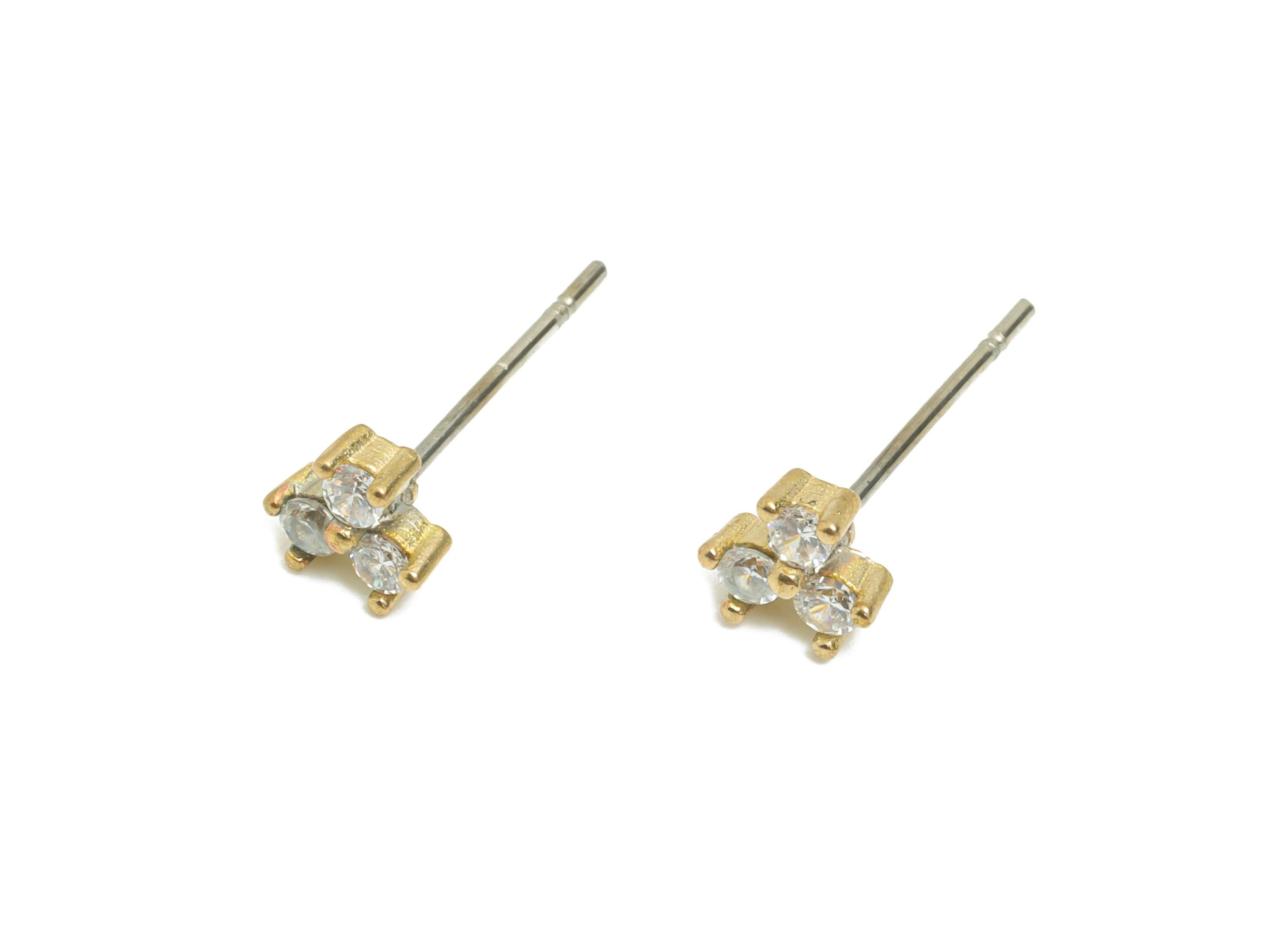Brass Tiny CZ Stud Earring - Raw Brass Dainty Cubic Zirconia Cluster Stud - Minimalist Triple Gem Earring -  Sparkle Stud - 5x5x2mm-PP11243 - DOMEDBAZAAR