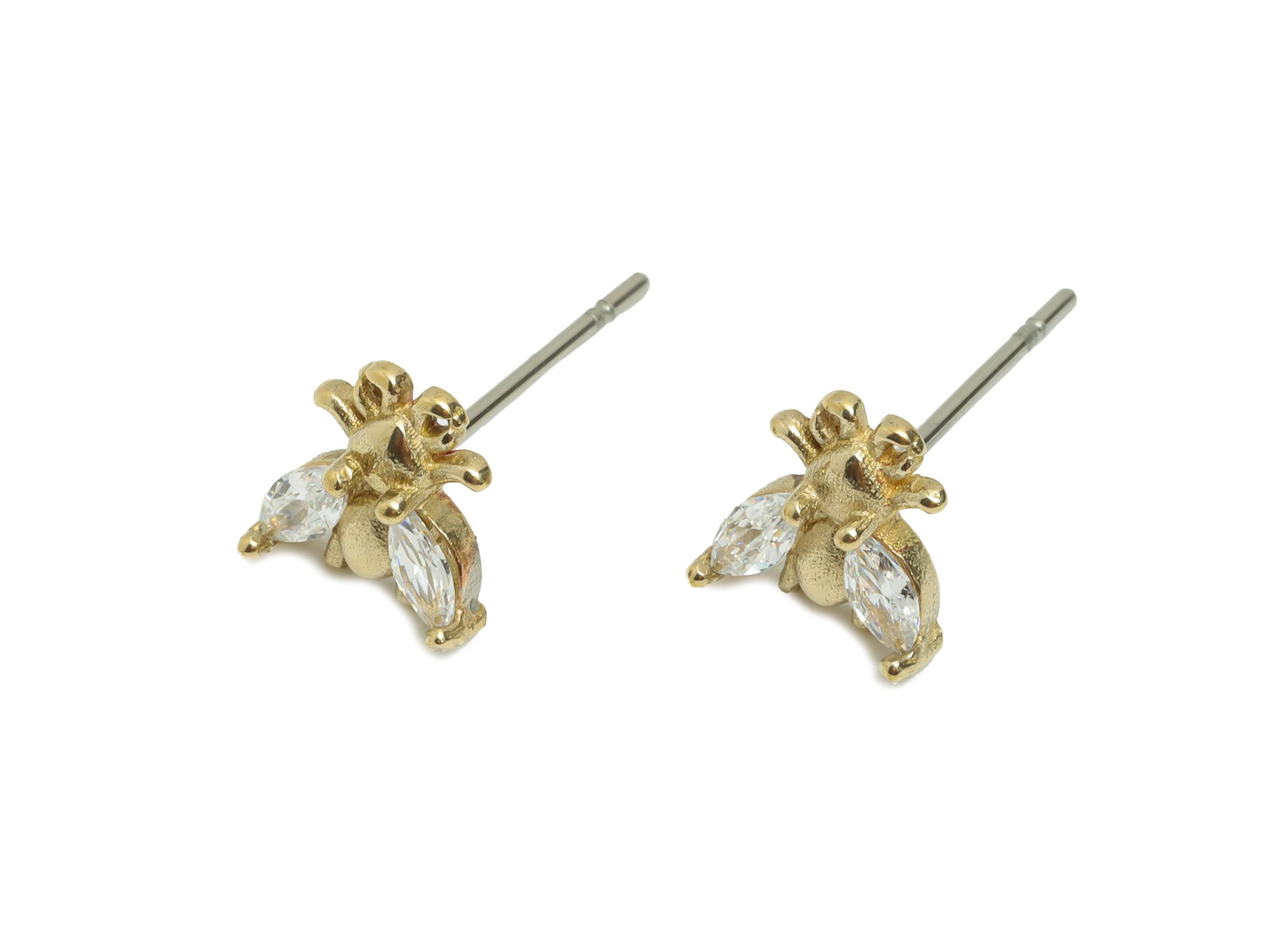Brass Bee CZ Stud Earring - Raw Brass Dainty Marquise Cubic Zirconia Stud - Minimalist Insect Earring -  Sparkle Stud - 7x7x2.5mm - PP11387 - DOMEDBAZAAR