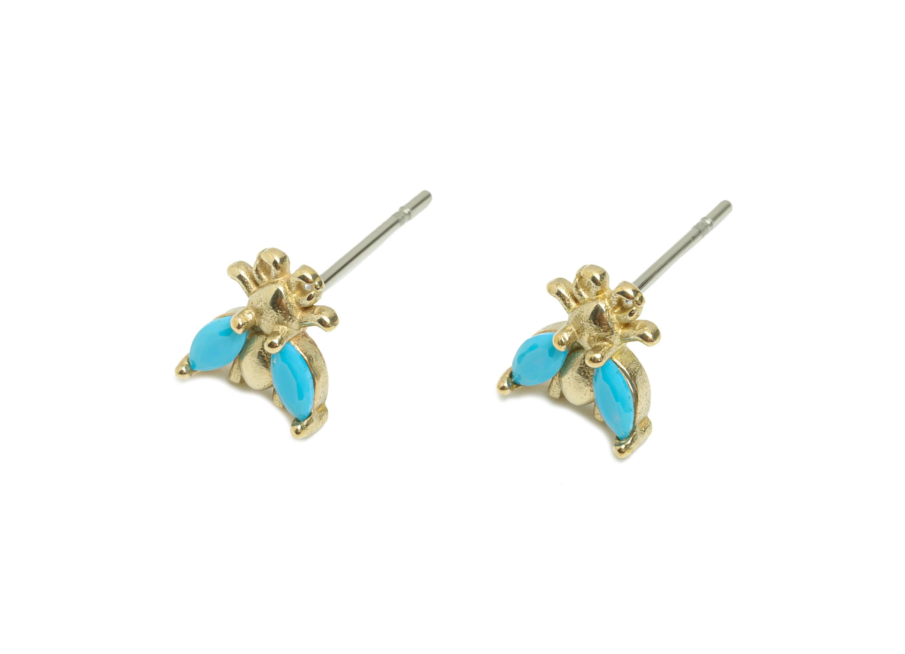 Brass Bee Blue Turquoise Stud Earring - Raw Brass Dainty Marquise Cubic Zirconia Stud - Minimalist Insect Earring - 7x7x2.5mm - PP11386 - DOMEDBAZAAR