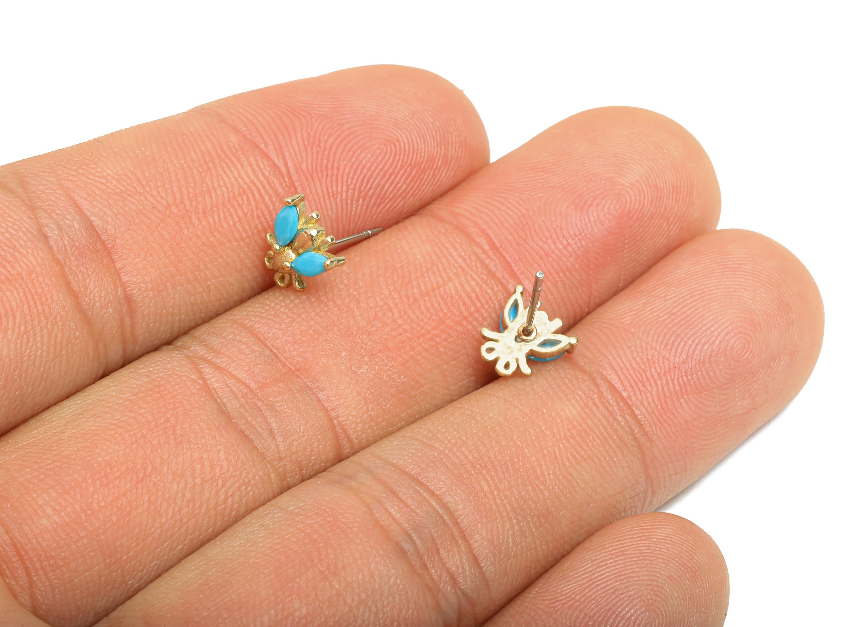 Brass Bee Blue Turquoise Stud Earring - Raw Brass Dainty Marquise Cubic Zirconia Stud - Minimalist Insect Earring - 7x7x2.5mm - PP11386 - DOMEDBAZAAR