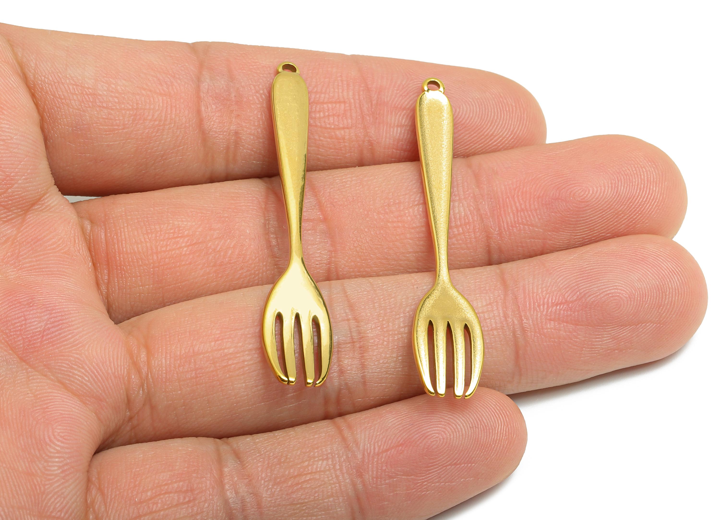 Steel Fork Charms - Metal Cutlery Jewelry Pendant - Gold Unique Kitchen-Themed Accessory - Gold Tone Plated - 49.8x9.25x2.23mm - SS2105G - DOMEDBAZAAR