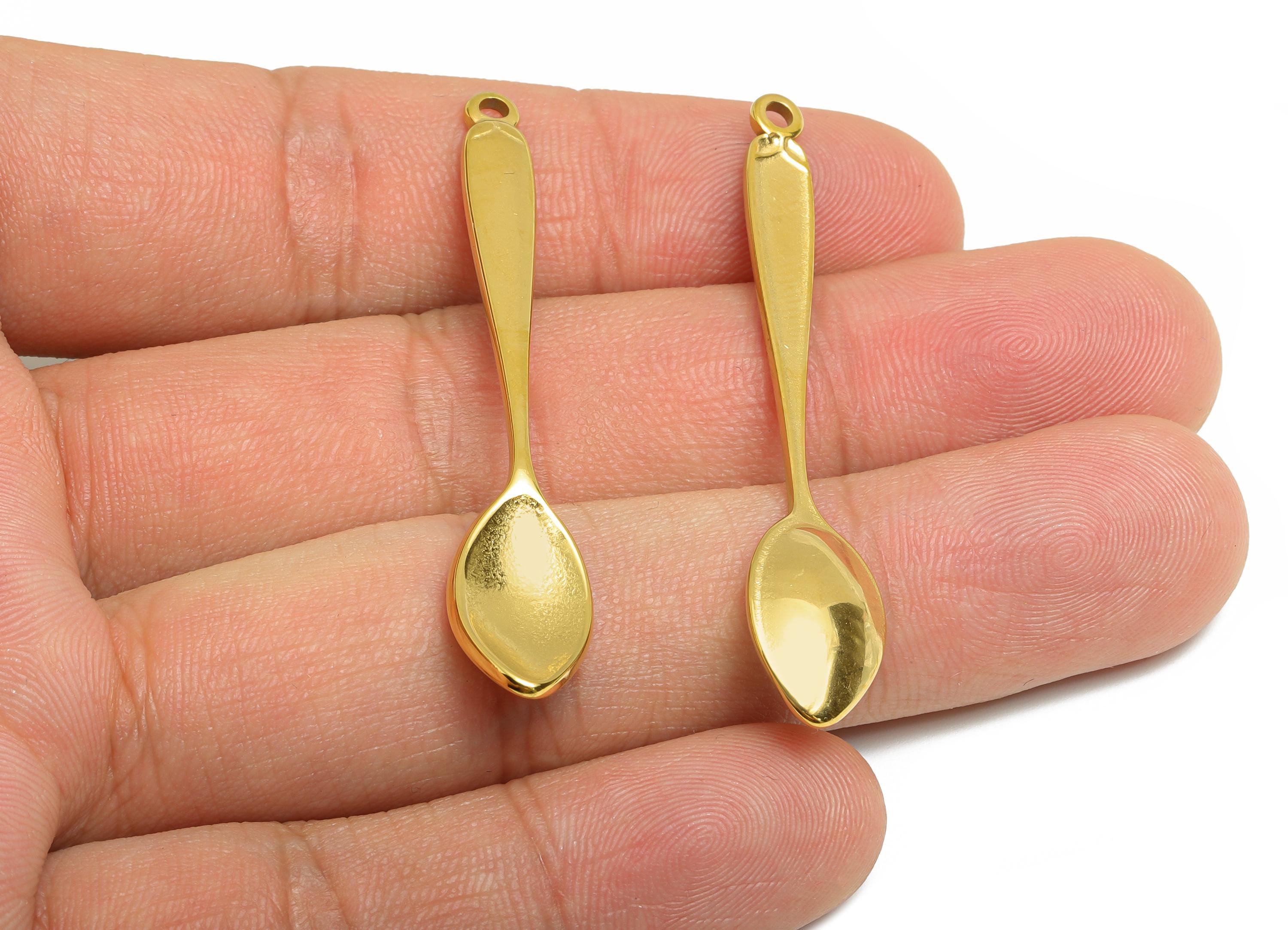Steel Spoon Charms - Metal Cutlery Jewelry Pendant - Unique Kitchen-Themed Accessory - Gold Tone Plated - 52.33x9.67x3.67mm - SS2127G - DOMEDBAZAAR
