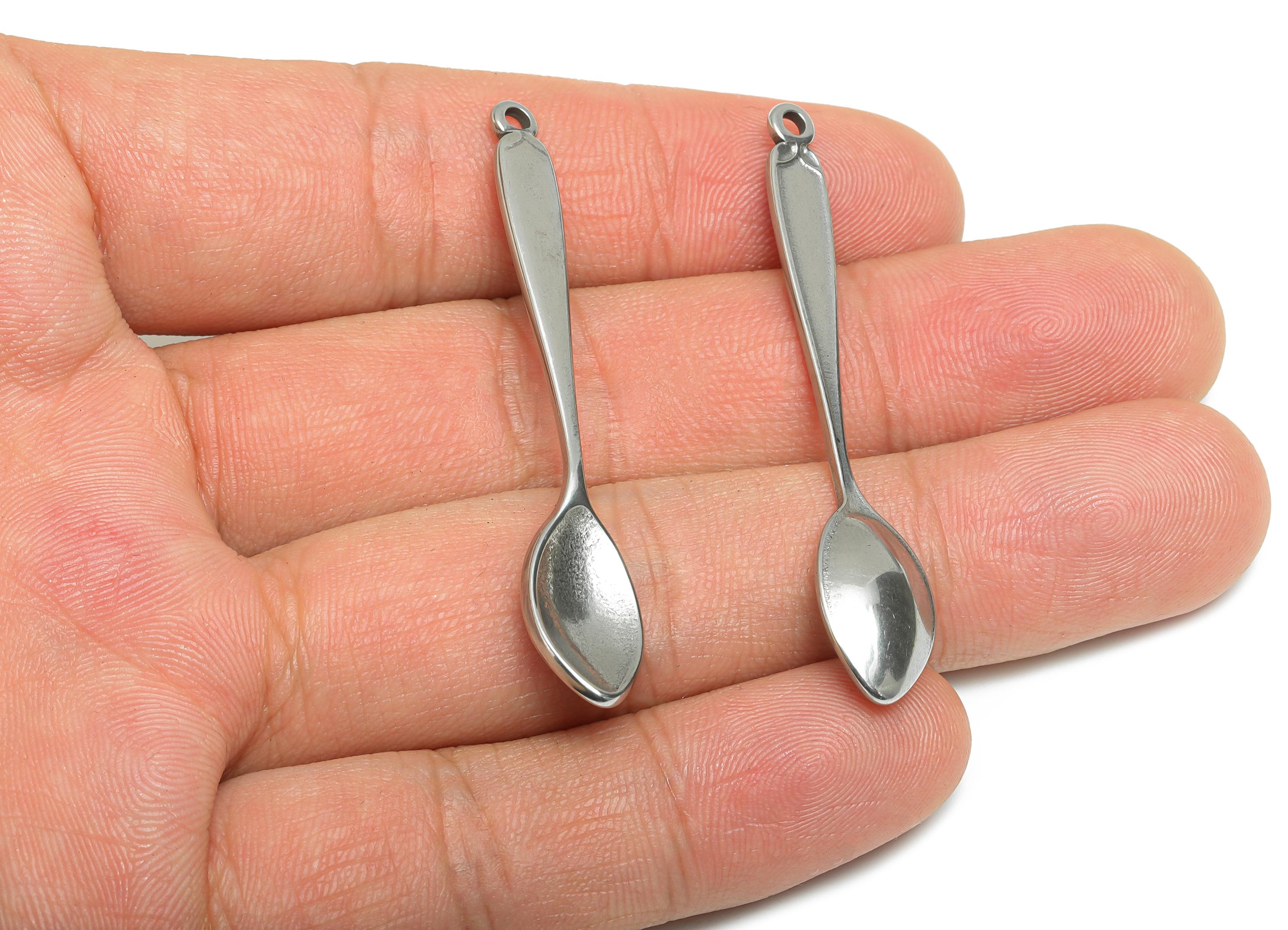 Steel Spoon Charms - Metal Cutlery Jewelry Pendant - Unique Kitchen-Themed Accessory - Steel DIY Craft Making - 52.33x9.67x3.67mm - SS2127 - DOMEDBAZAAR