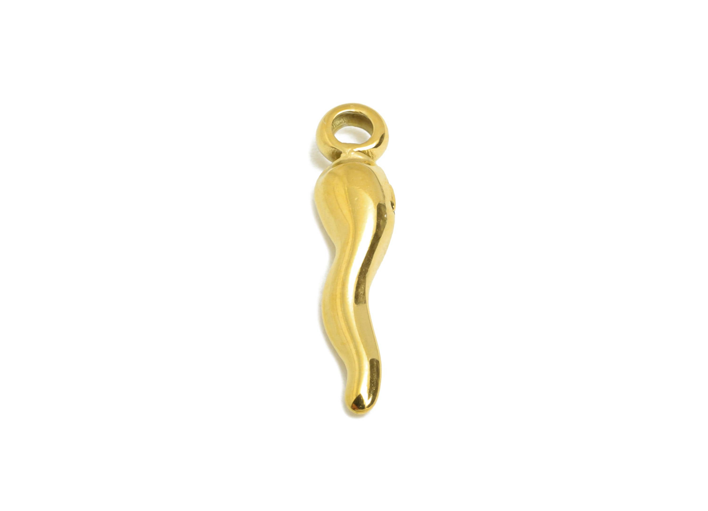 Steel Cornicello Earring Charm - Italian Horn Pendant  - Stainless Steel Protective Amulet - Gold Plating Steel - 17x3x1.73mm - SS2116G