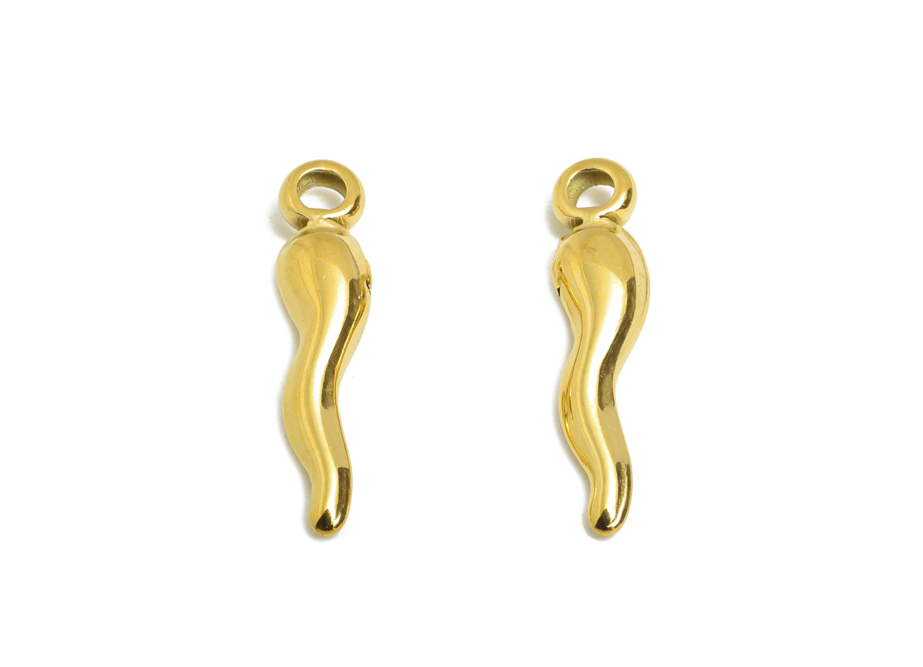 Steel Cornicello Earring Charm - Italian Horn Pendant  - Stainless Steel Protective Amulet - Gold Plating Steel - 17x3x1.73mm - SS2116G