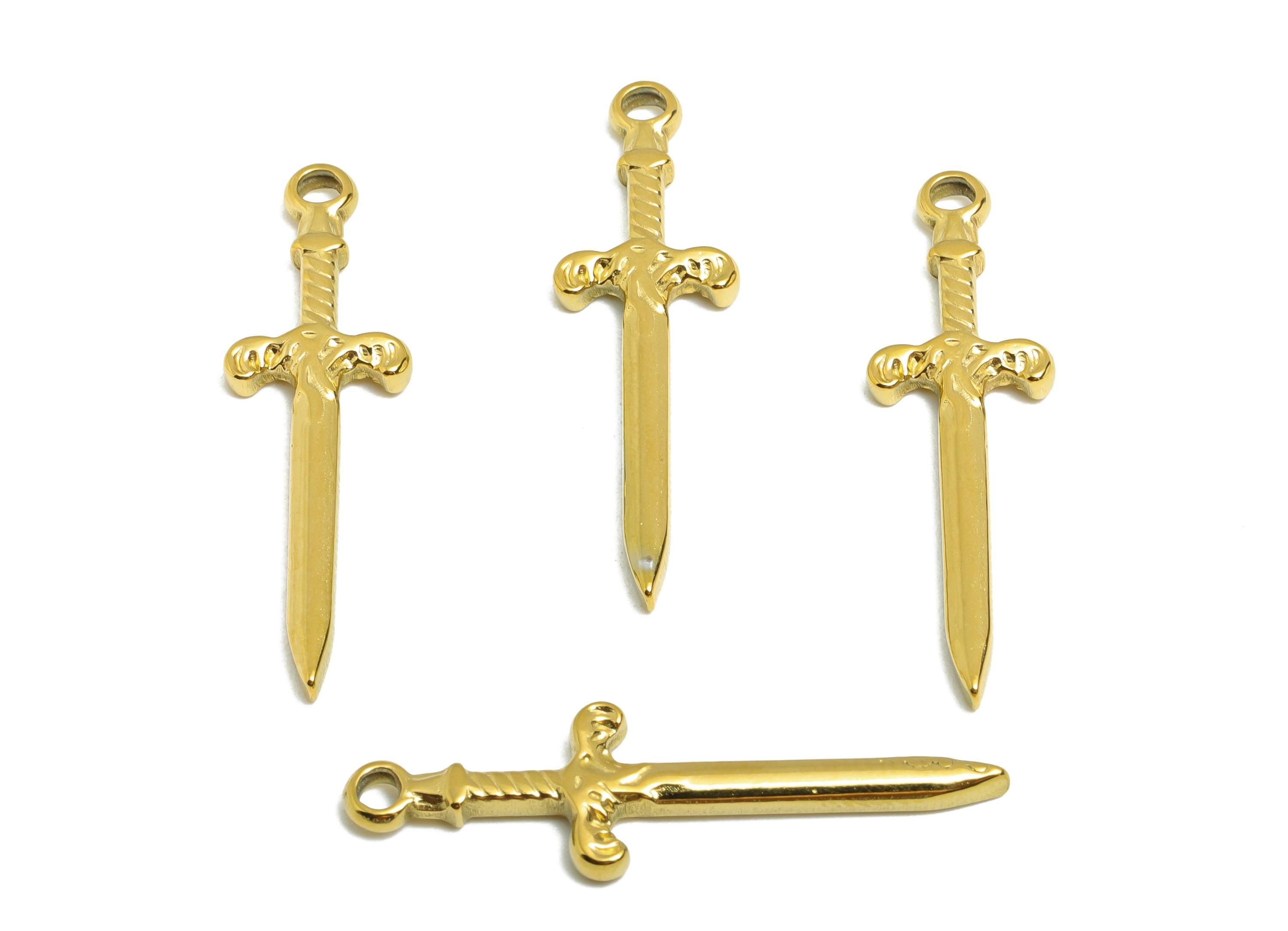 Steel Sword Charm - Metal Weapon Necklace Pendant for Making - Unique Amulet Jewelry Accessory - Gold Tone Plated - 33.5x9.9x2.5mm - SS2108G - DOMEDBAZAAR