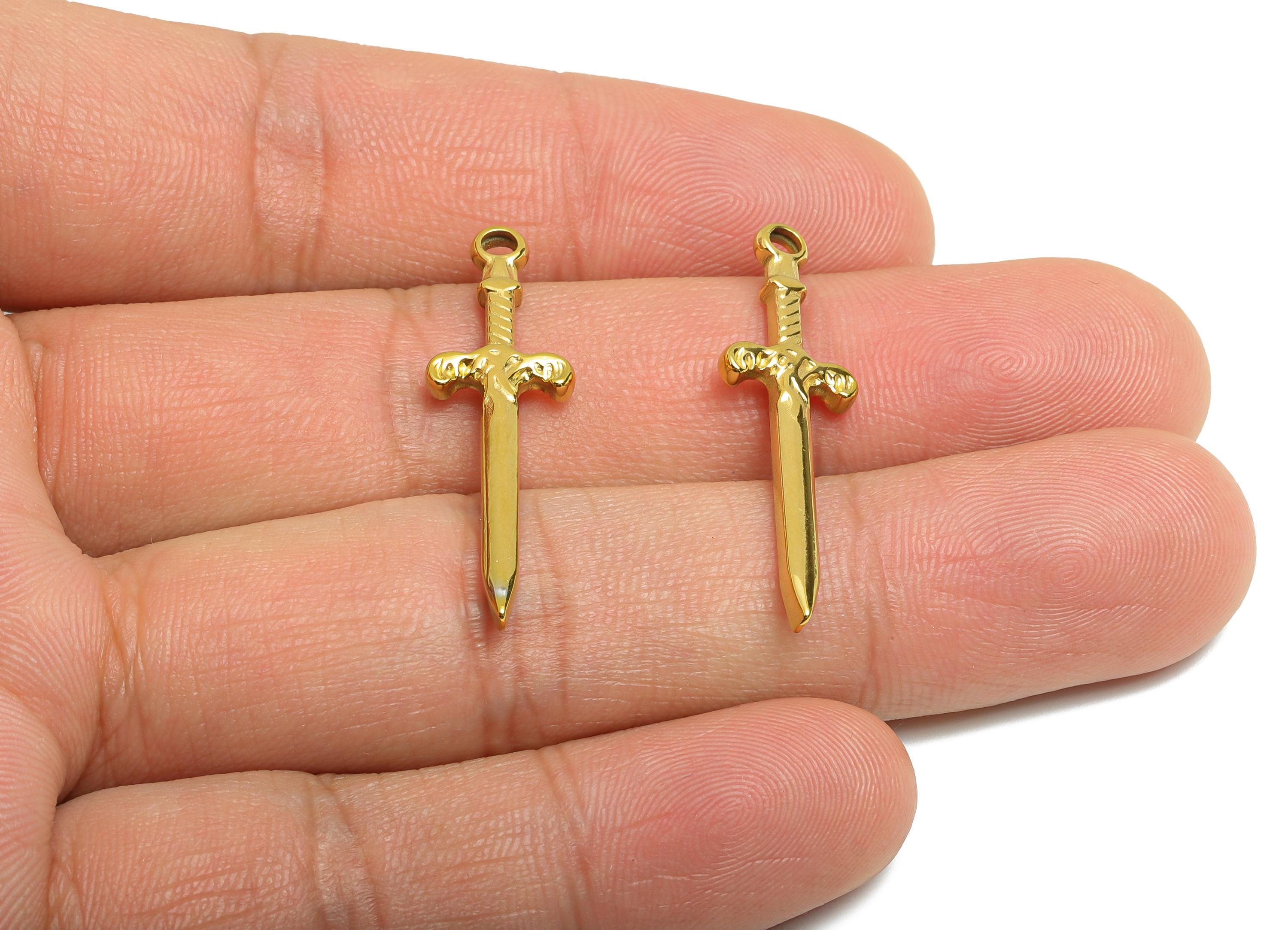 Steel Sword Charm - Metal Weapon Necklace Pendant for Making - Unique Amulet Jewelry Accessory - Gold Tone Plated - 33.5x9.9x2.5mm - SS2108G - DOMEDBAZAAR