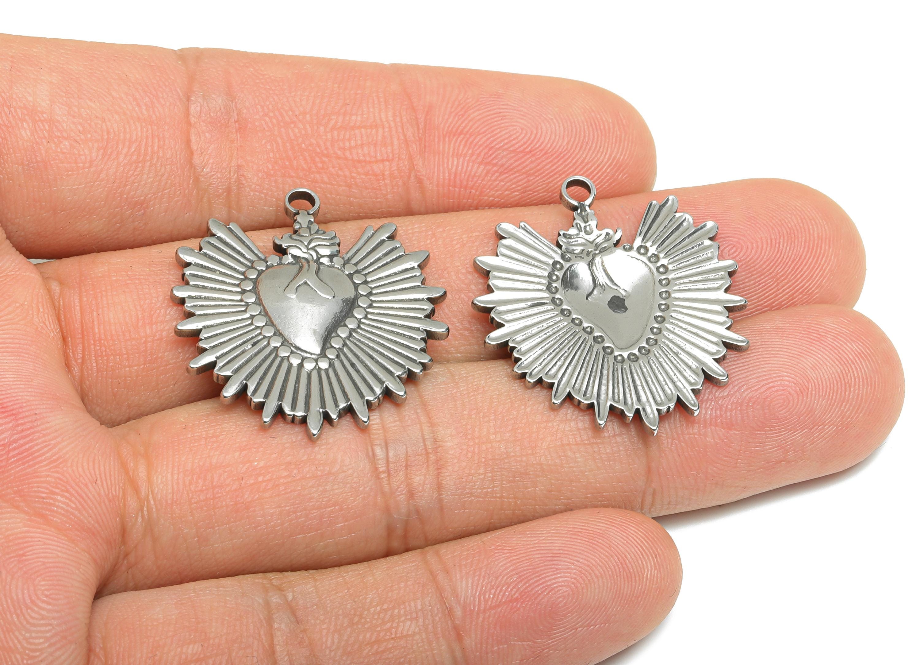 Stainless Steel Heart Pendant - Sacred Heart Charm - Mexican Milagro Flaming Heart Pendant - Heart and Flames Amulet - 29x26x2mm - SS2100 - DOMEDBAZAAR